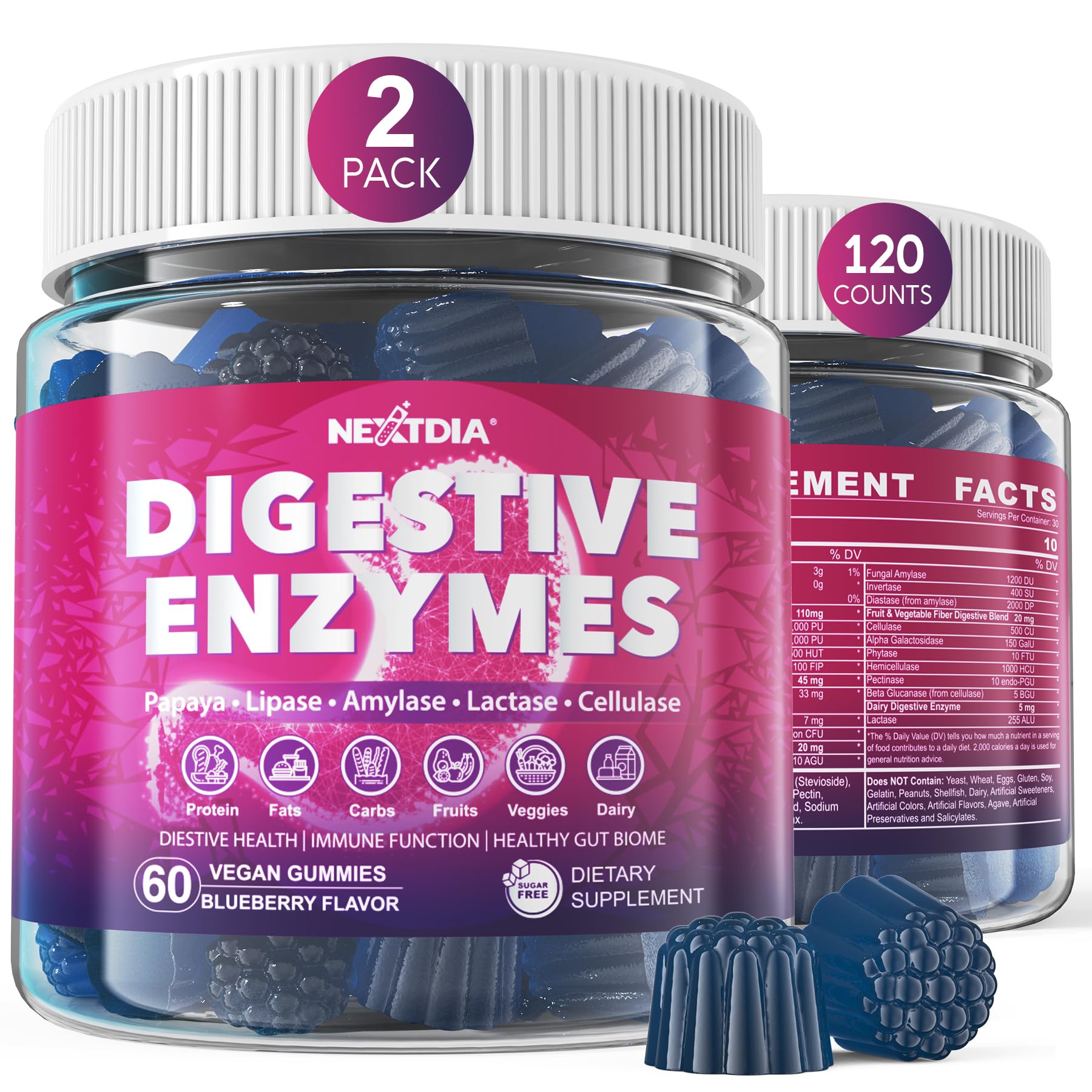 Nextdia Digestive Enzymes for Women & Men Gummies with Probiotics, Papaya, Bromelain & Ginger, Sugar-Free, Vegan – 120 Count