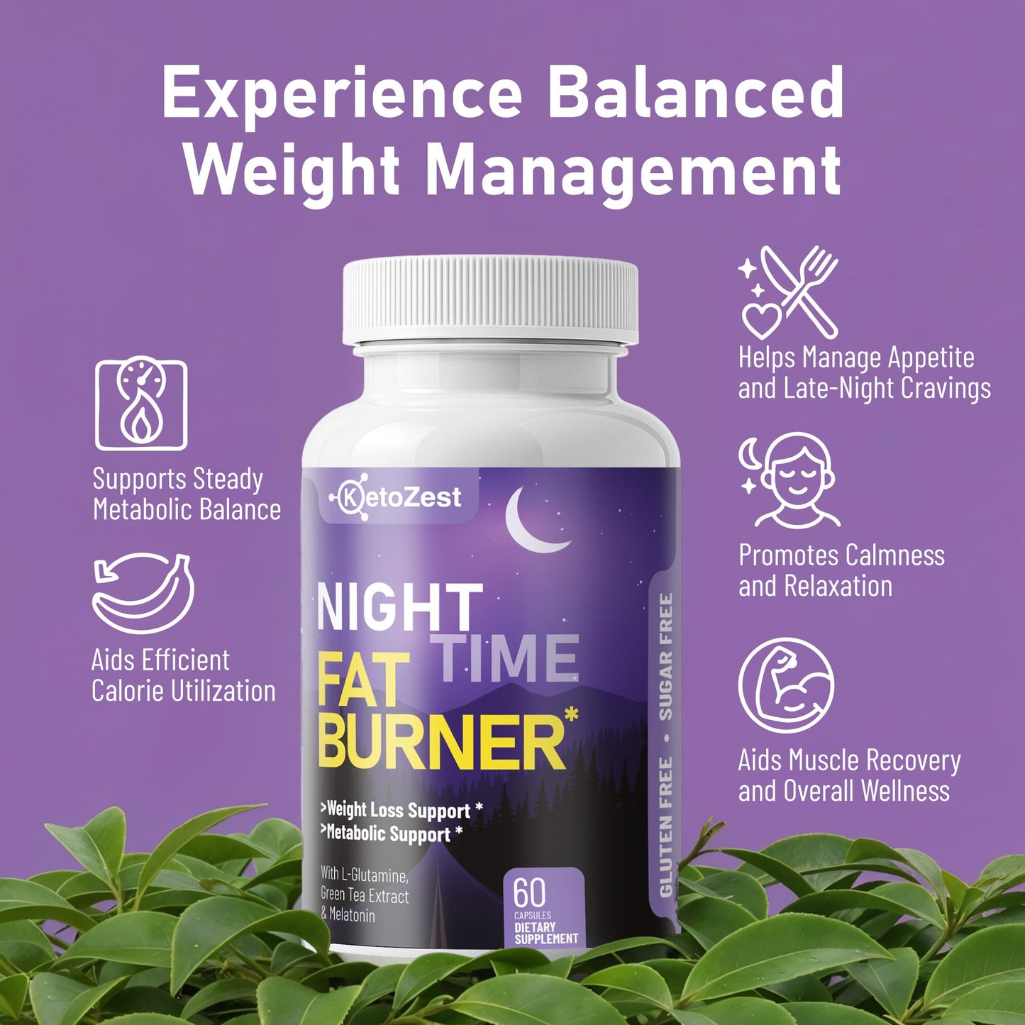 KetoZest Night Time Fat Burner for Weight Loss - Metabolism Booster Nighttime Belly Fat Burn & Natural Appetite Suppressant Supplement for Men Women - Relaxation Weight Control Support Capsule 60