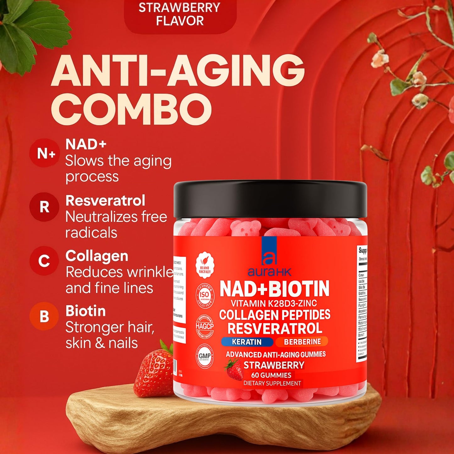 Aura HK NAD+Biotin, Resveratrol, Berberine & Anti-Aging Gummies, 120