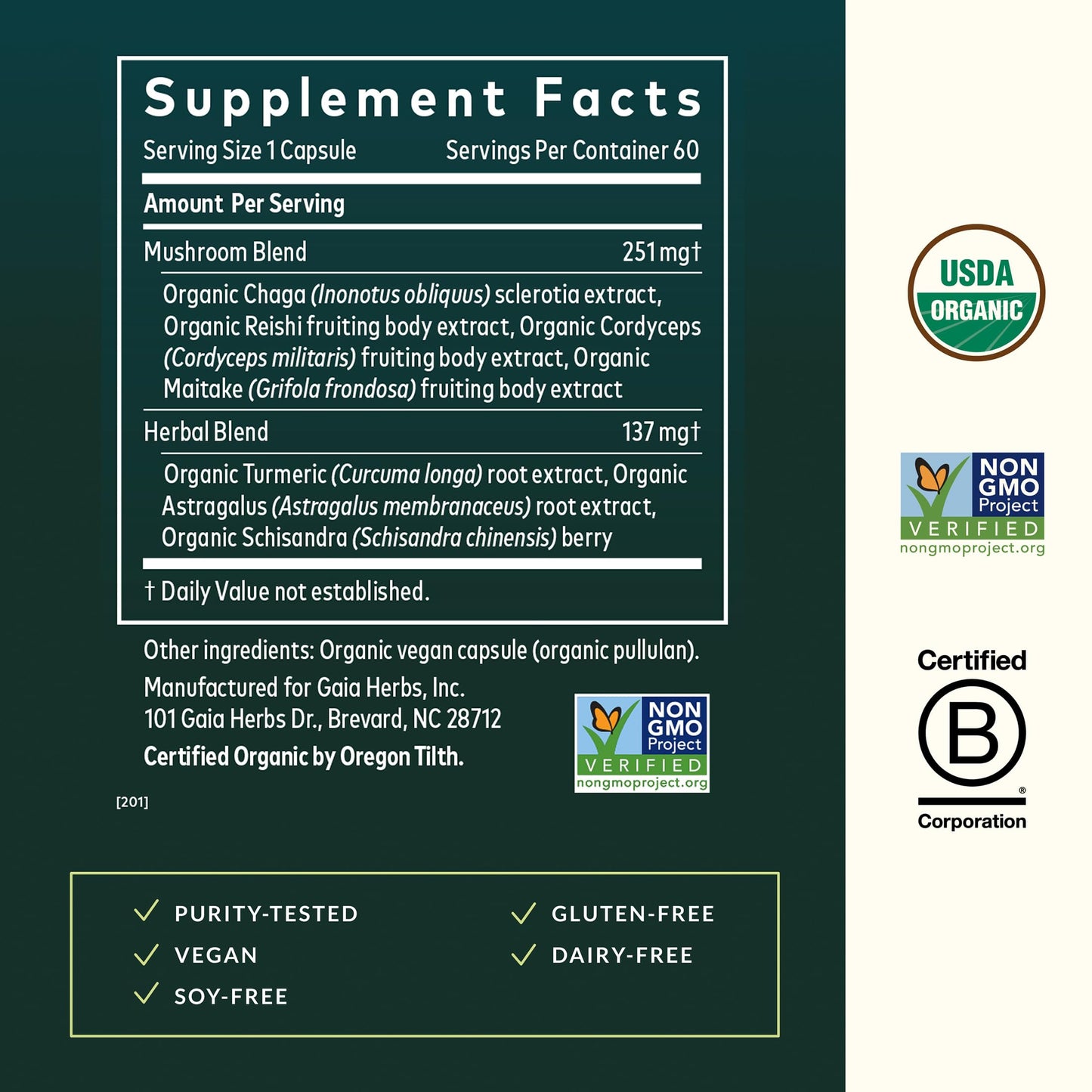 Gaia Herbs Everyday Immune Mushroom & Herbal Support Supplement, 60 Vegan Capsules