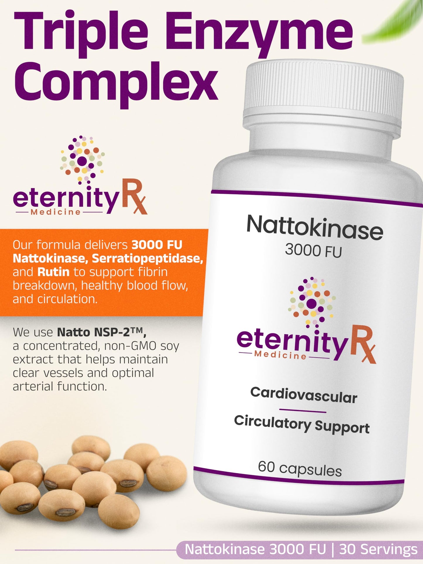 Eternity Medicine Rx Nattokinase 3000 FU + Serratiopeptidase + Rutin, 60 Capsules