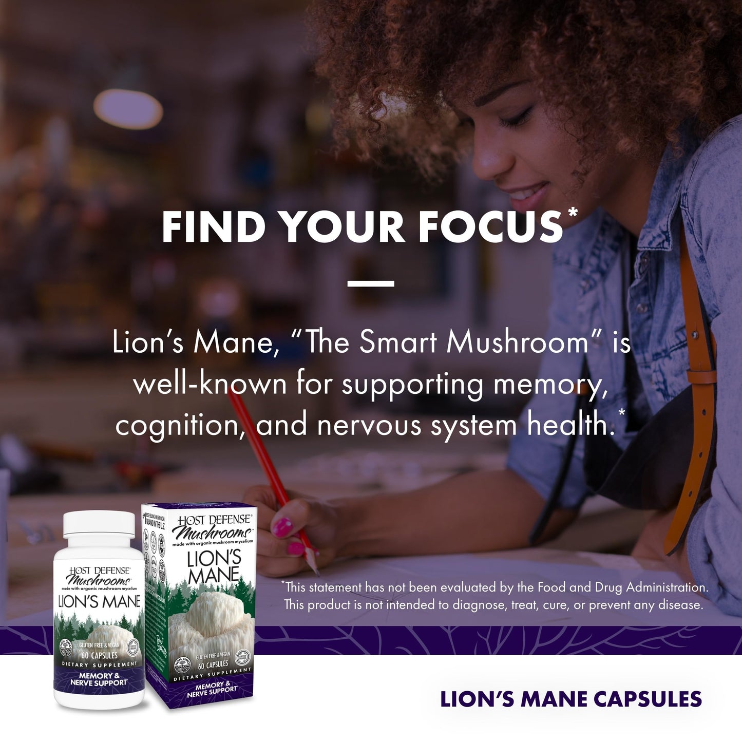 Host Defense Lion's Mane Mushroom Capsules for Brain Health Support, Focus & Memory Function, Immune & Nervous System Support, 60 Capsules