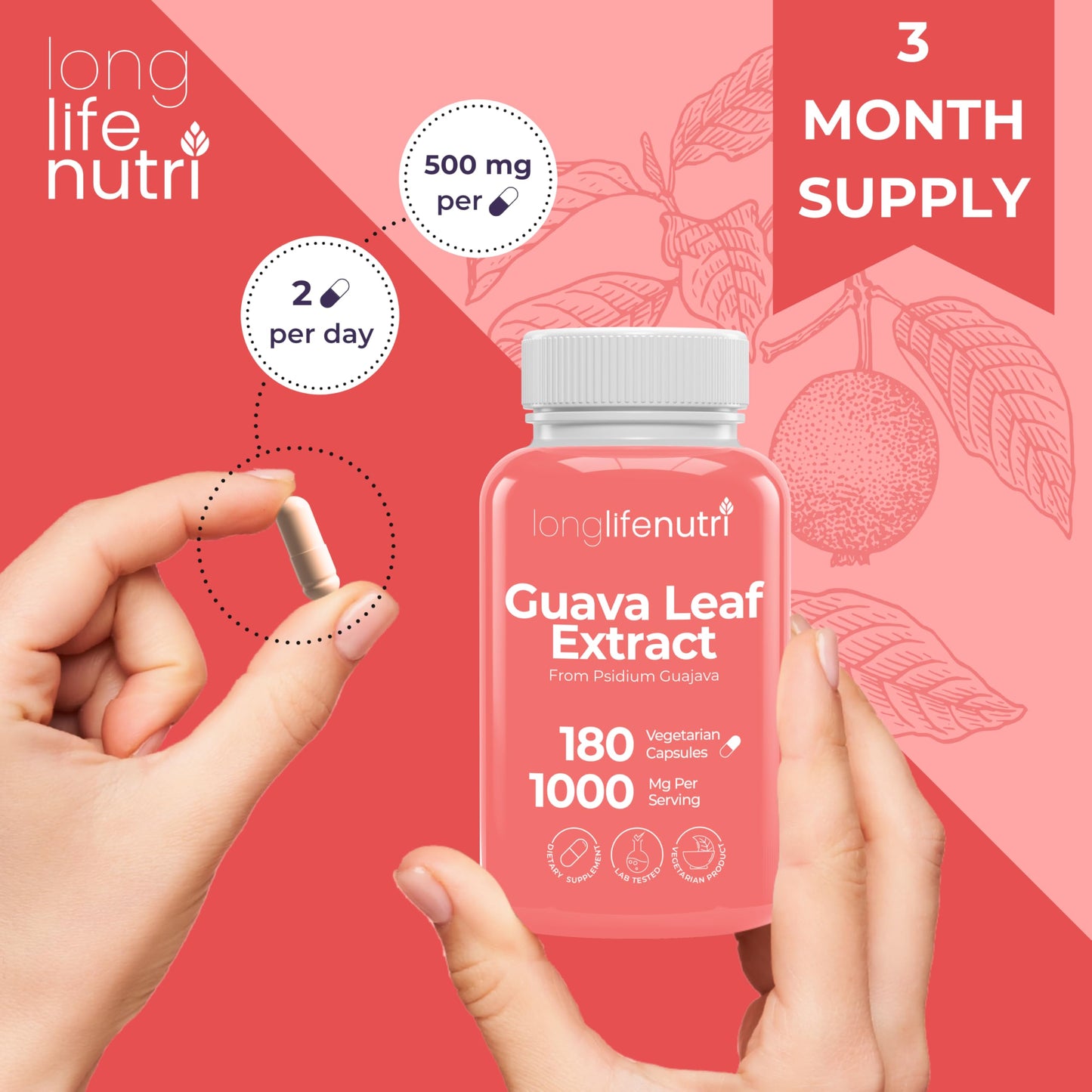 LongLifeNutri Guava Leaf Extract 1000mg Capsule 180 Count