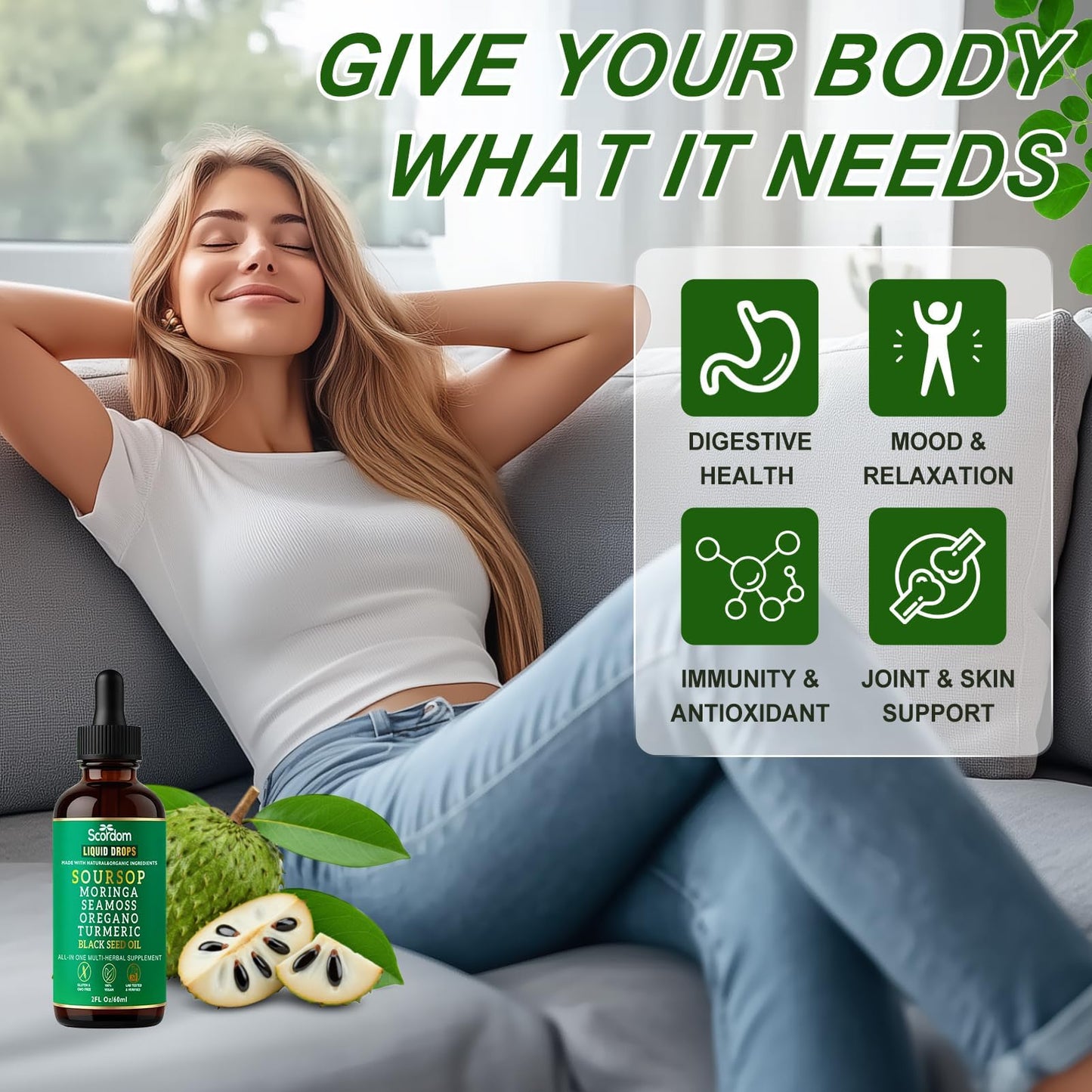 SCORDOM Soursop Bitters 10-in-1 with Sea Moss, Turmeric, Moringa, Black Seed Oil, Oregano, Ashwagandha & Herbal Extracts Capsule 1 Count