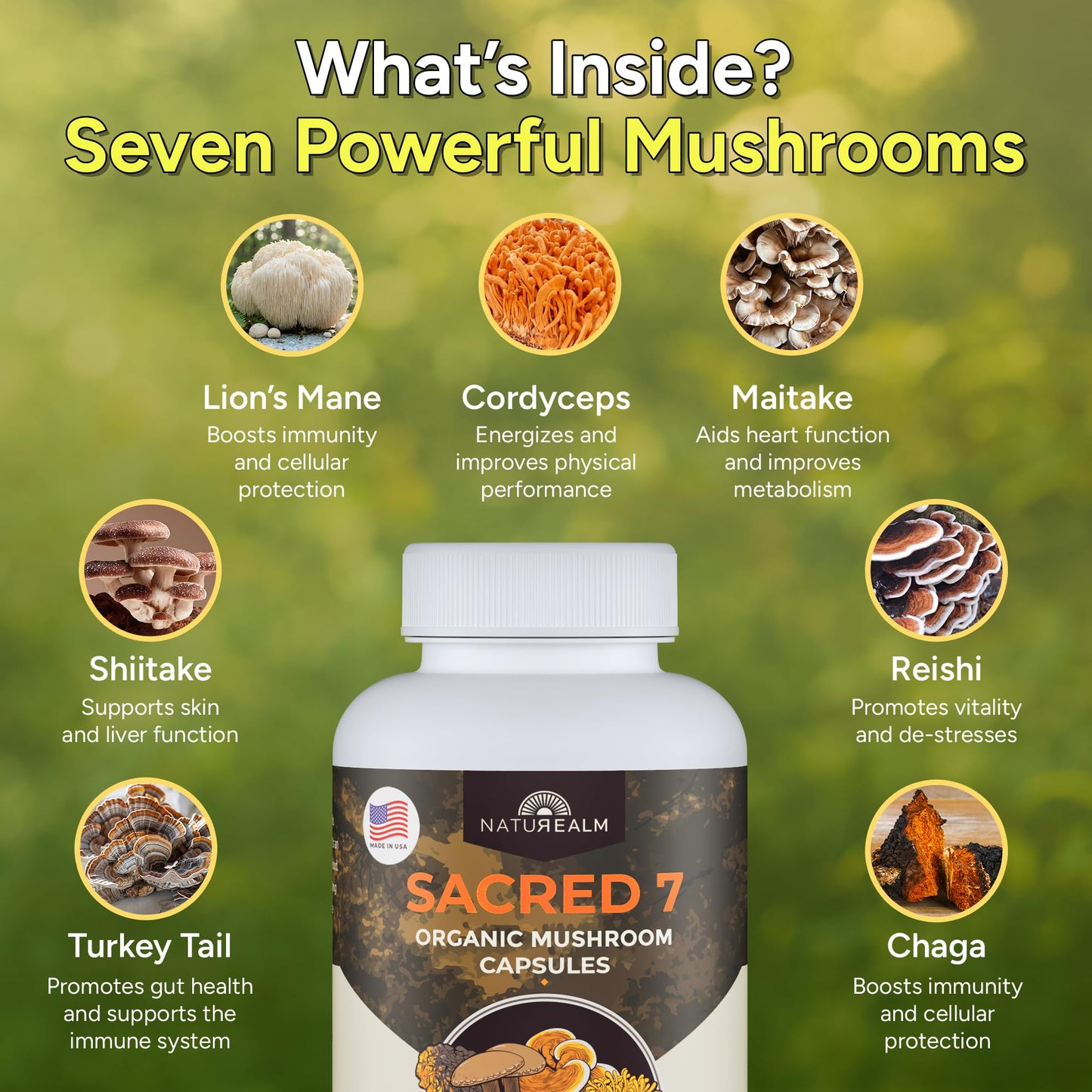 Naturealm Sacred 7 Mushrooms Supplement 1000mg Capsules, 90 Count