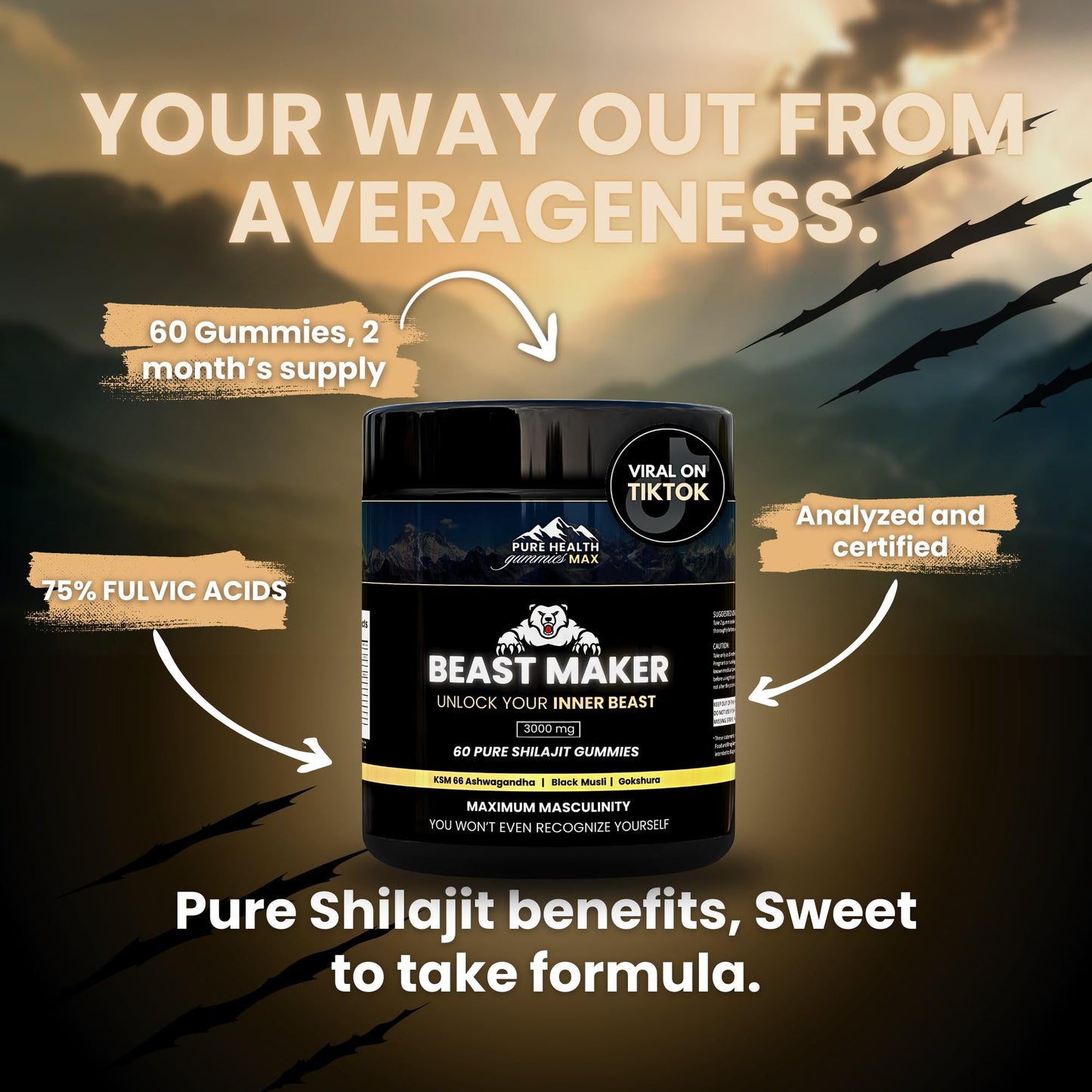 PURE HEALTH MAX Beast Maker Pure Shilajit for Men 60 Gummies