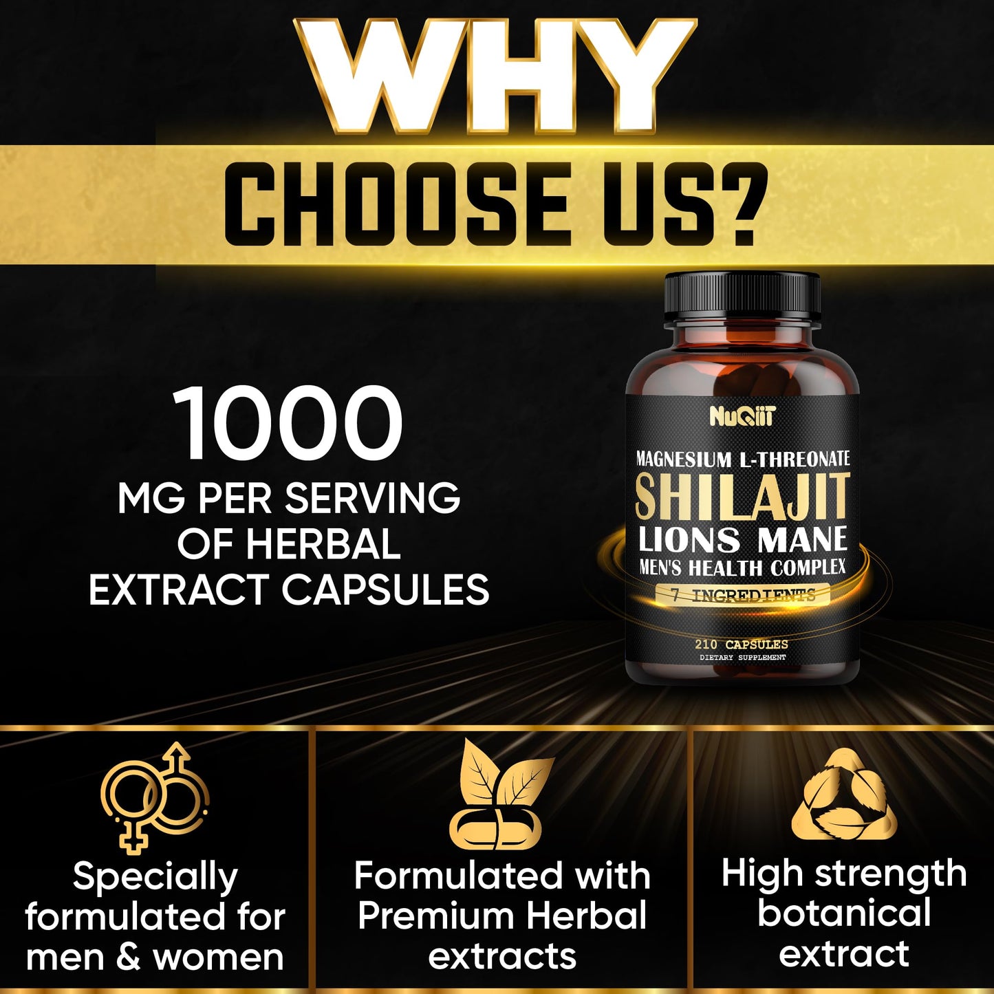 NUQIIT Magnesium with Lions Mane, Shilajit Capsules, Male's Health Complex with Ashwagandha & Maca Root, 210 Capsules