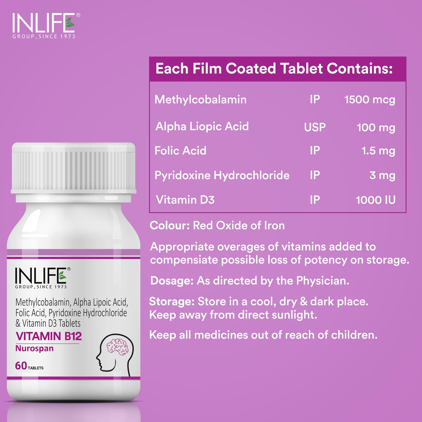 INLIFE Vitamin B12 (Methylcobalamin) 1500mcg Supplement with ALA (Alpha Lipoic Acid), Folic Acid, Vitamin D3 Tablet, 60 Tablets