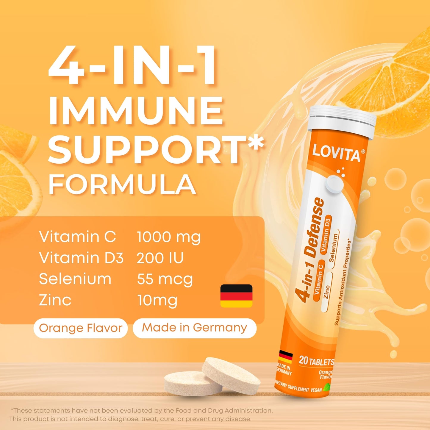 LOVITA 4-in-1 Vitamin C Effervescent Tablets, 20 Tablets
