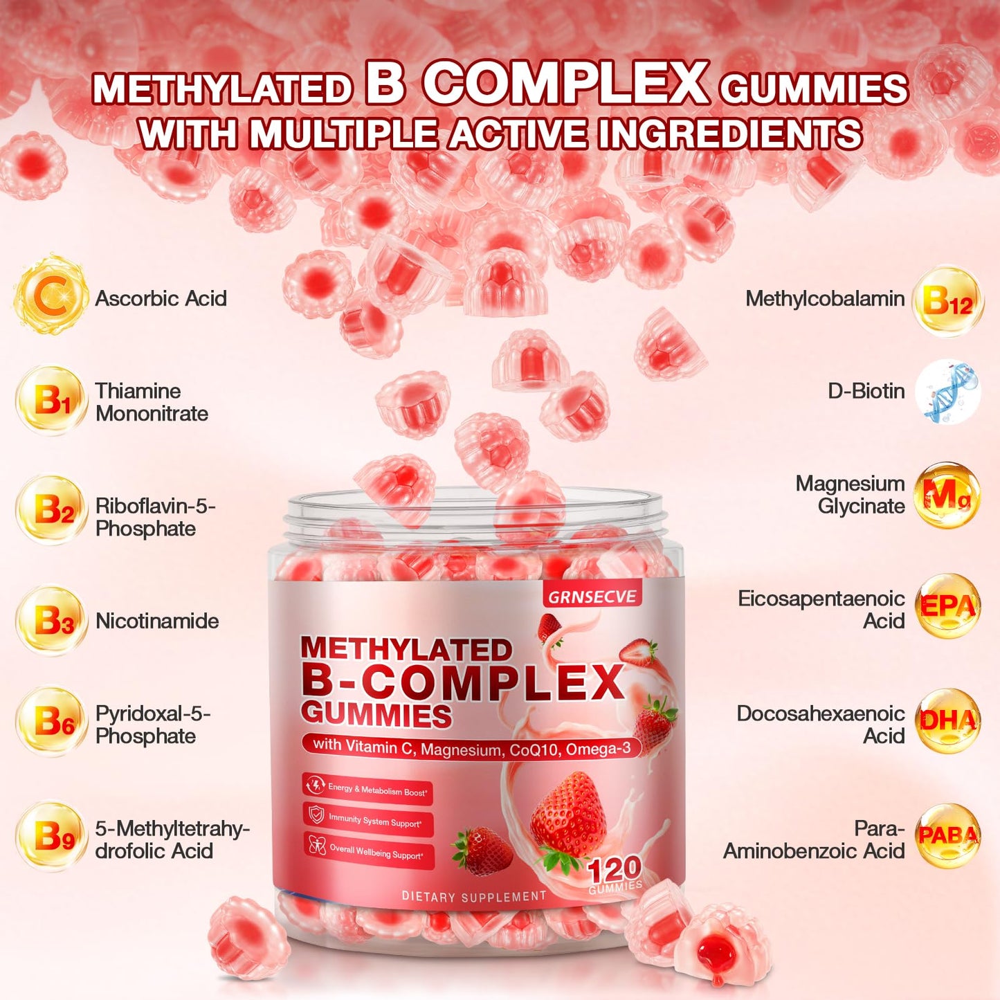 GRNSECVE 14-IN-1 Methylated Vitamin B Complex Gummies 120 Count