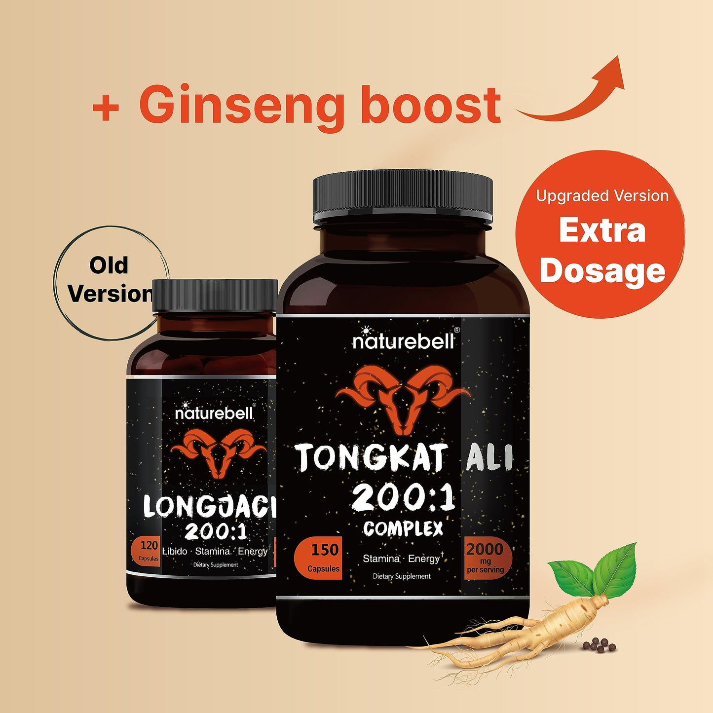 NatureBell Tongkat Ali 200:1 Longjack Extract for Men Capsules, 2000mg per Serving, 300 Capsules