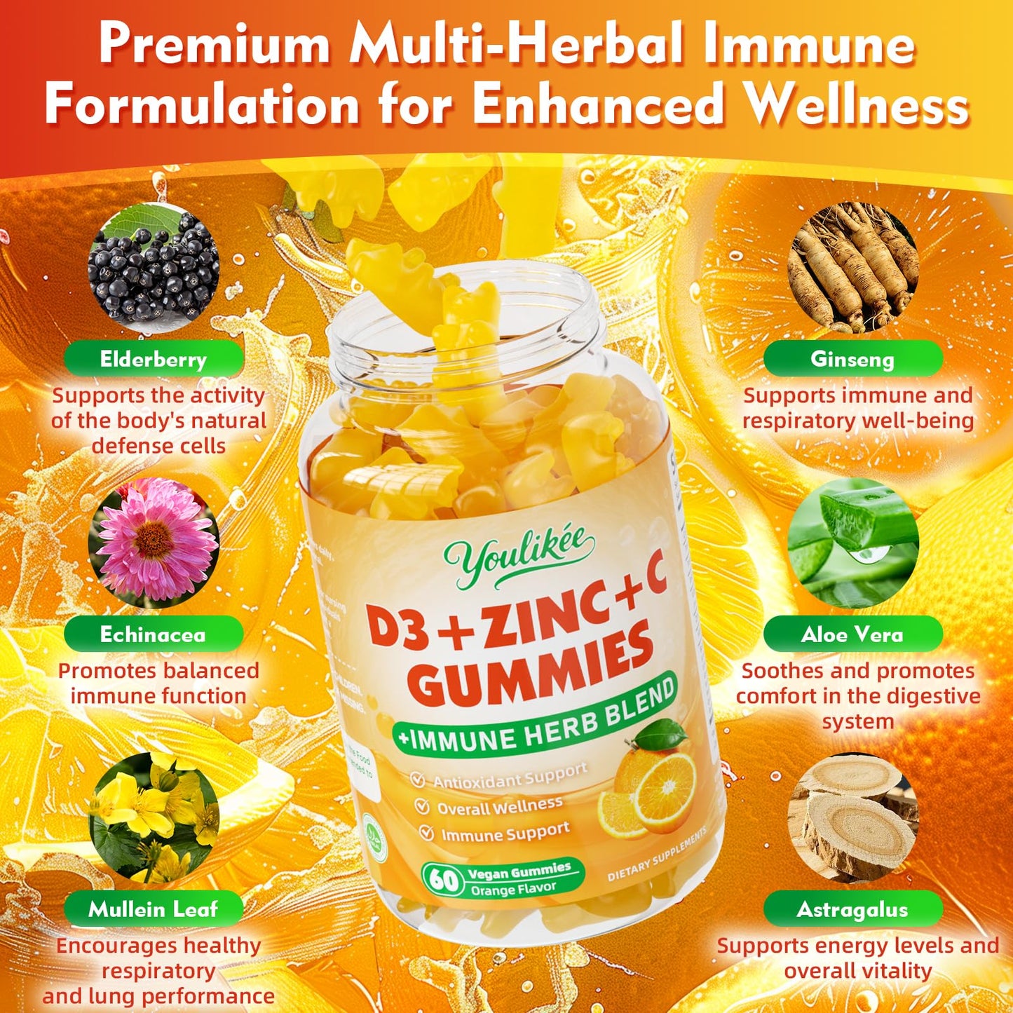 Youlikee Vitamin C + D3 + Zinc Gummies for Adults, 60 Count
