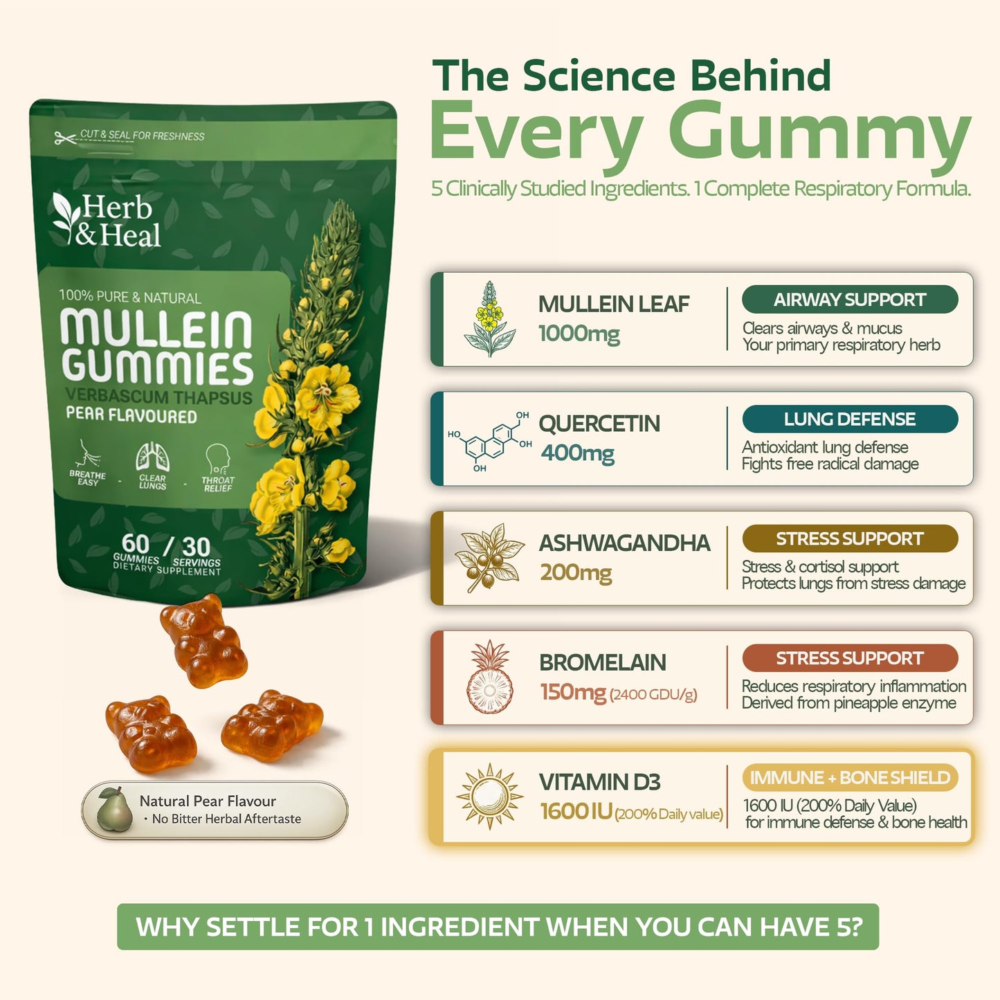 Herb & Heal Mullein Gummies for Lungs Cleanse & Detox, 60 Gummies