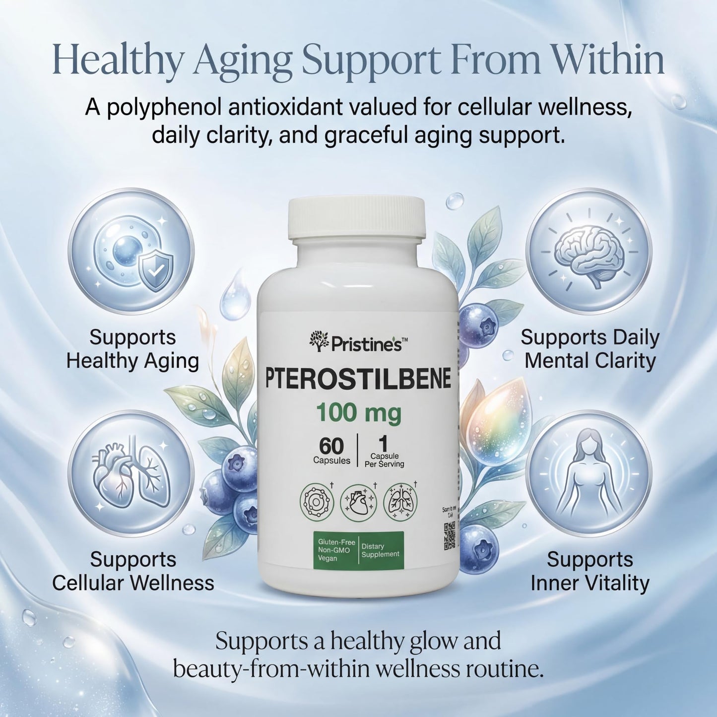 PRISTINE'S Pterostilbene 100mg Anti Aging Supplement Capsules, 60 Count