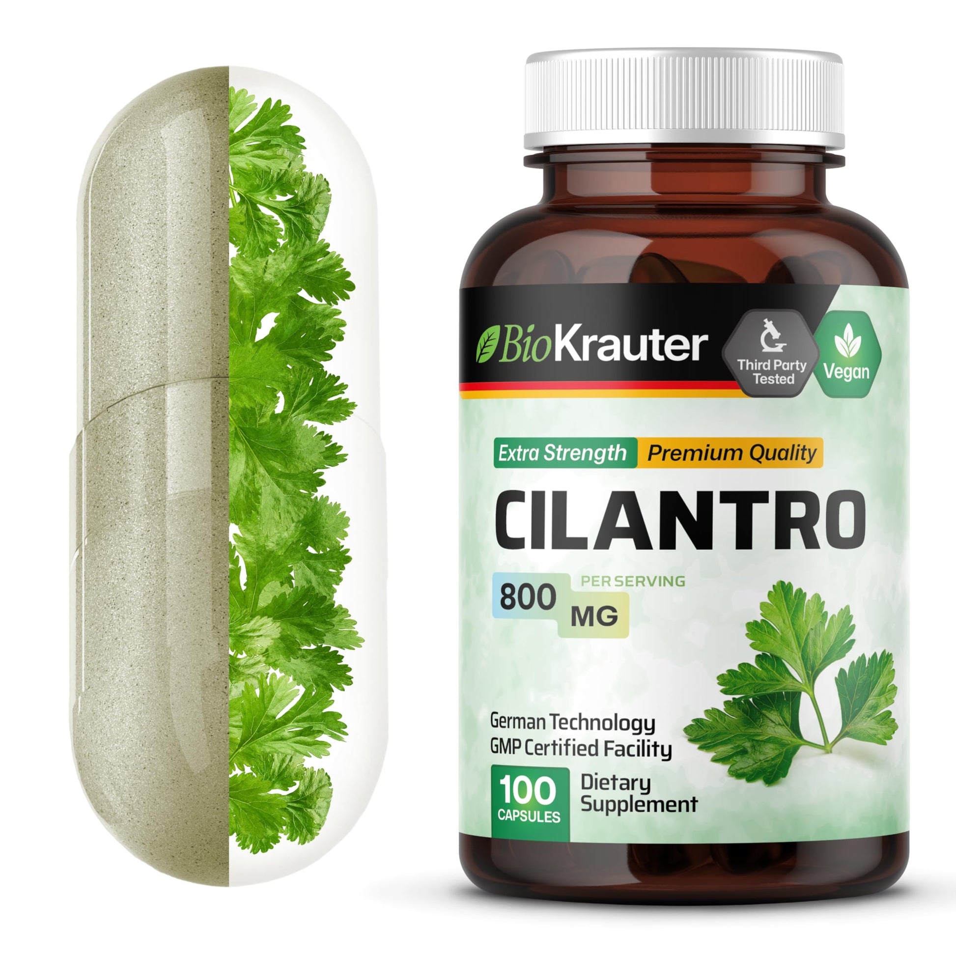BIO KRAUTER Cilantro for Detox Cleanse - Vegan Cilantro Capsules (Coriander Leaf Powder) 800 mg per Serving - Natural Detox & Antioxidant Supplement - 100 Capsules