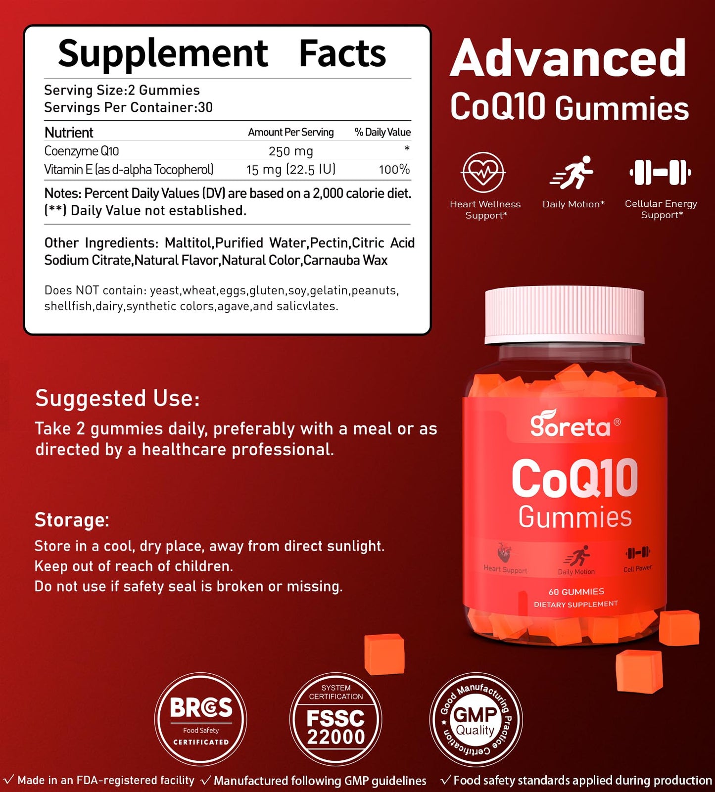 Goreta CoQ10 Gummies with Vitamin E, 250mg per Serving, 60 Count
