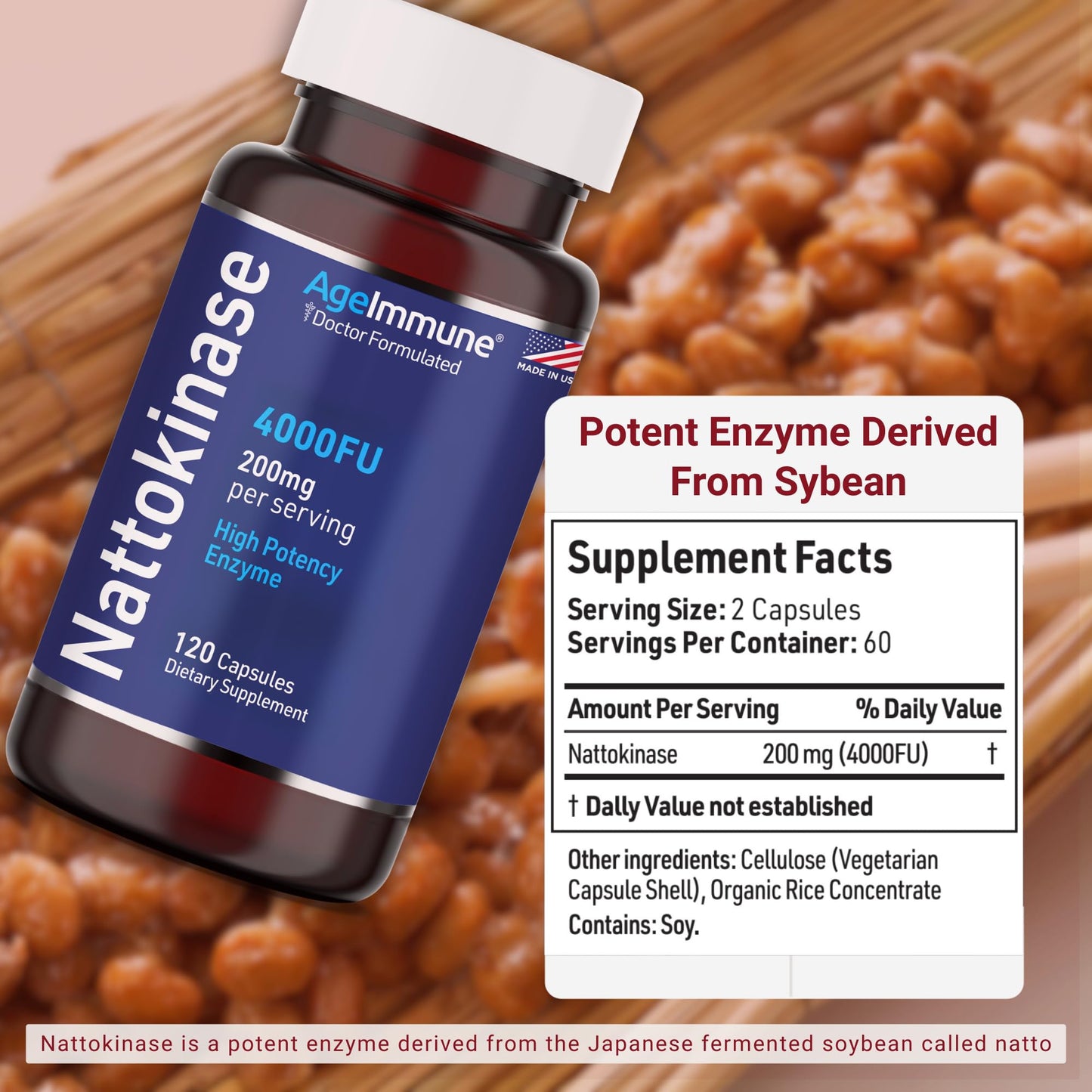 AgeImmune Nattokinase Supplement 4000 FU 200mg Enzyme Cardiovascular Support Capsules 120 Count