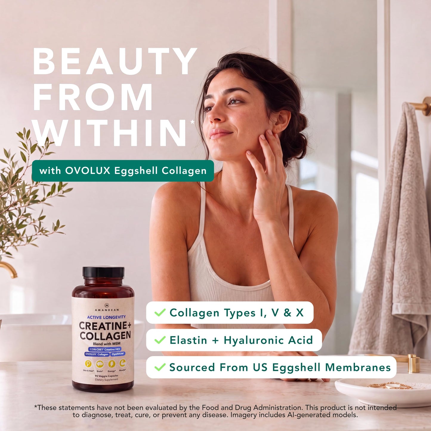 AMANDEAN Creatine HCl + Collagen + MSM, 90 Capsules