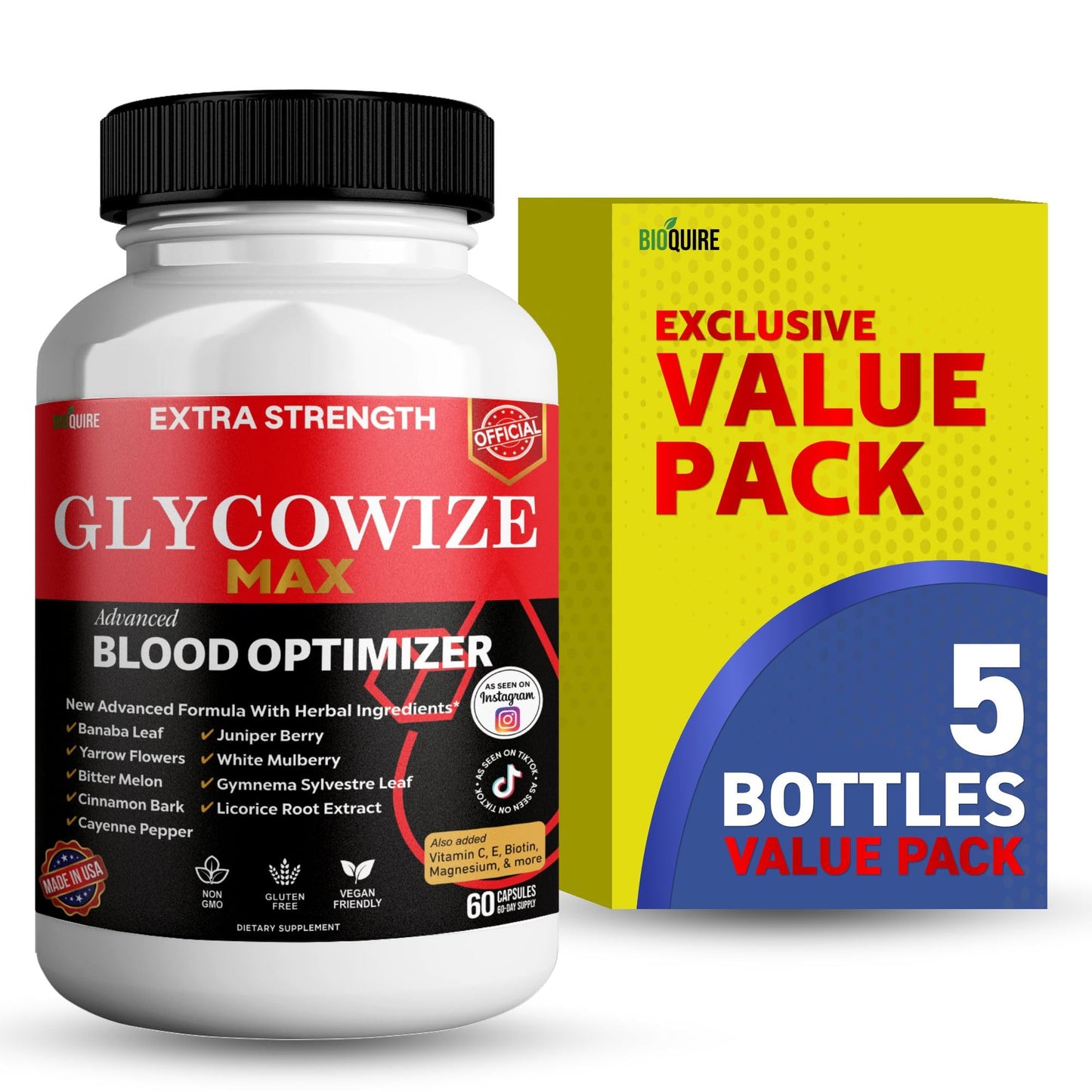 BIOQUIRE Glycowize Max Extra Strength Blood Optimizer Advanced Formula with Herbs and Vitamins 60 Capsules