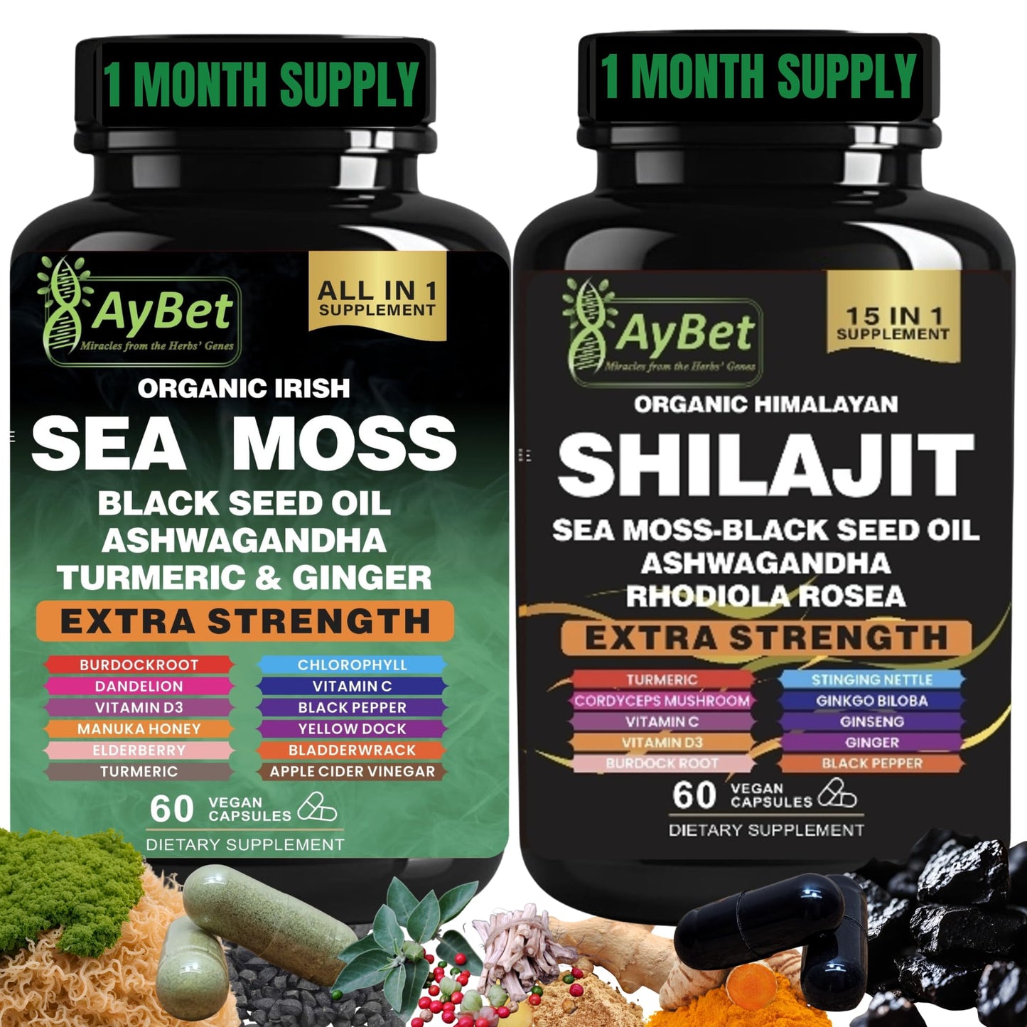 AyBet Sea Moss & Himalayan Shilajit Supplement Combo Capsules 120 Count
