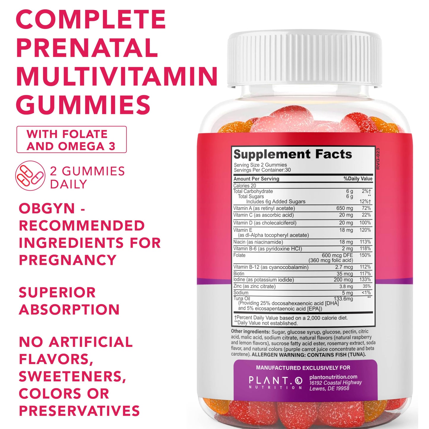 PLANT.O NUTRITION Prenatal Gummies for Women with DHA, Folate, Vitamins B C D, 60 Count