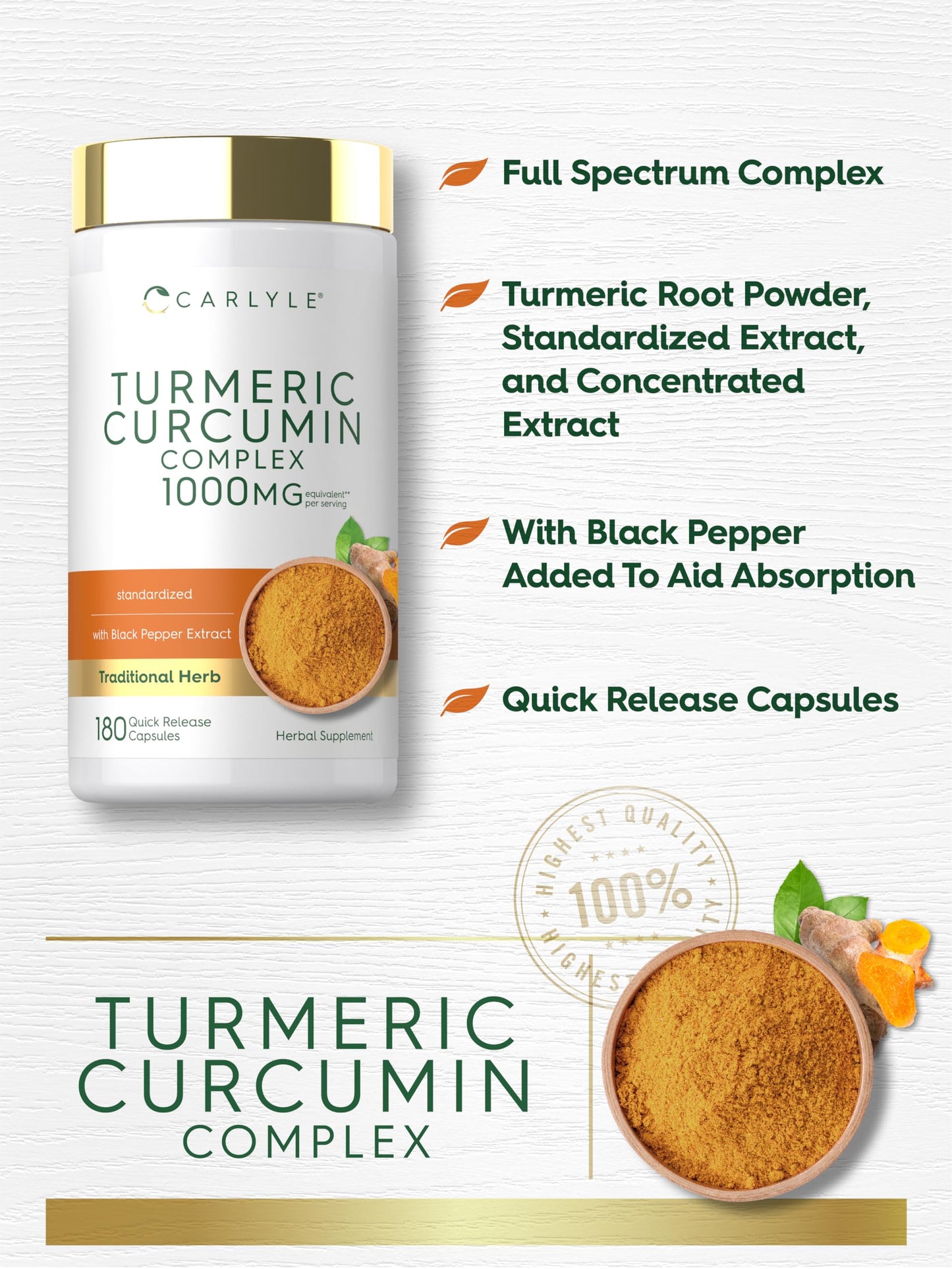Carlyle Turmeric Curcumin with Black Pepper Capsules, 180 Count