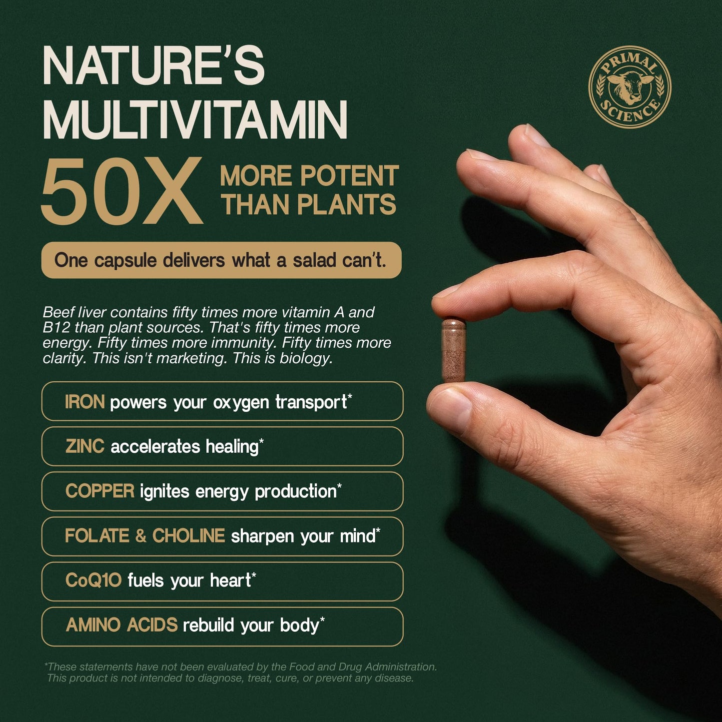 Primal Science Grass Fed Beef Liver Capsules 3000mg Desiccated Liver Supplement 100% Pasture Raised & Freeze Dried Natural Iron, Vitamin A & B12 for Energy Non-GMO, No Fillers 180 Count