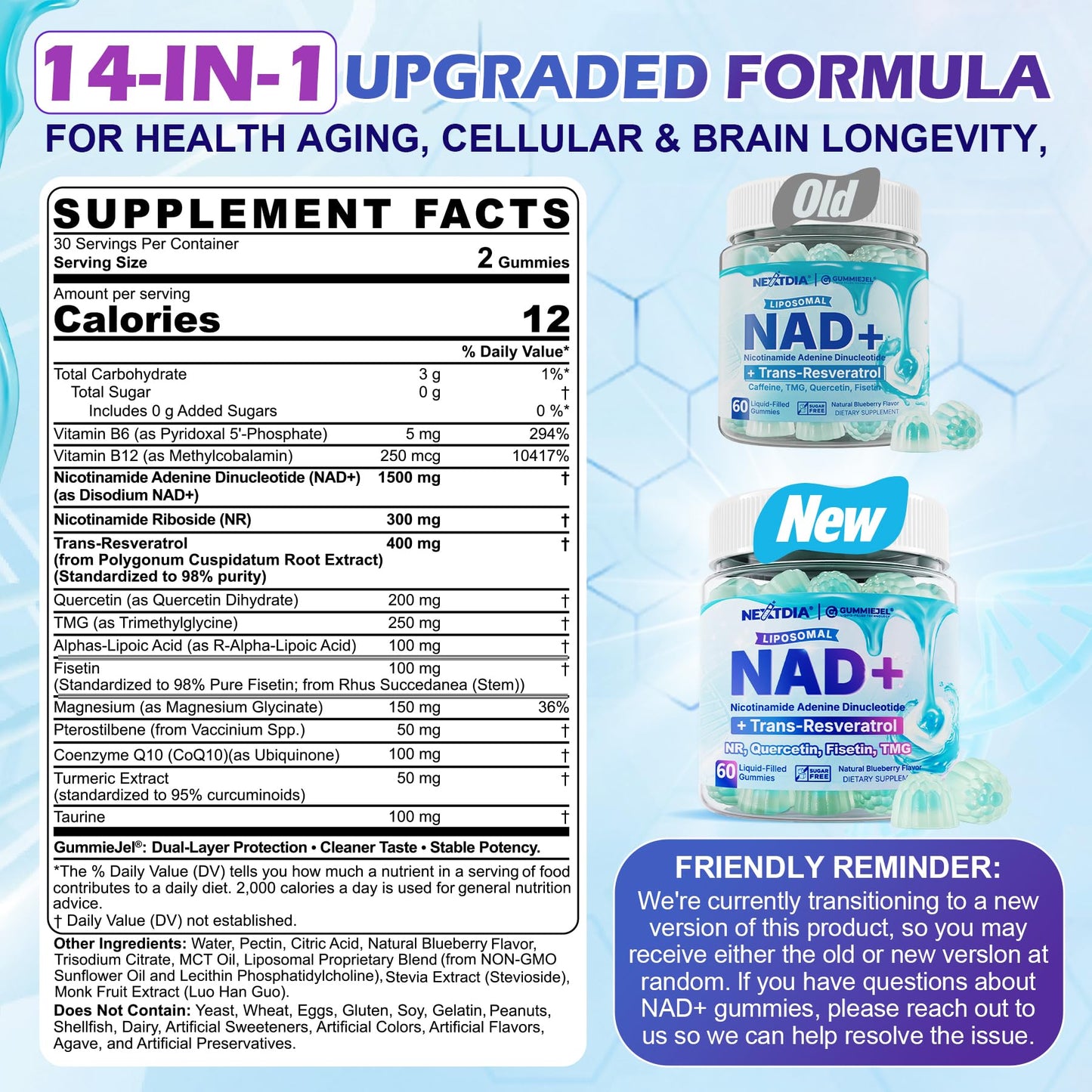 Nextdia 1500mg NAD+Resveratrol+Nicotinamide Riboside+Fisetin Gummies, 60 Count