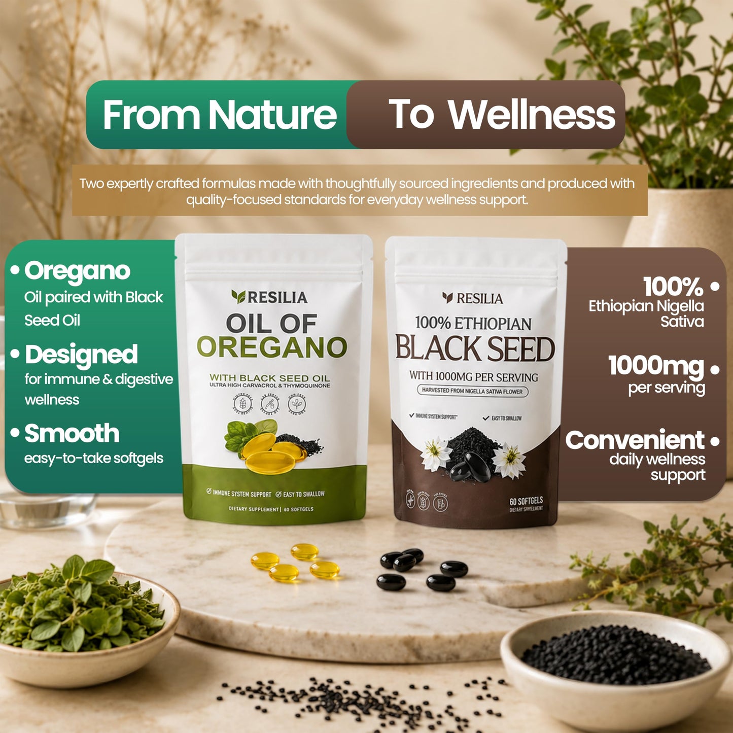 Resilia Oil Of Oregano Oregano Oil and Ethiopian Black Seed Oil Capsules – 60 Count