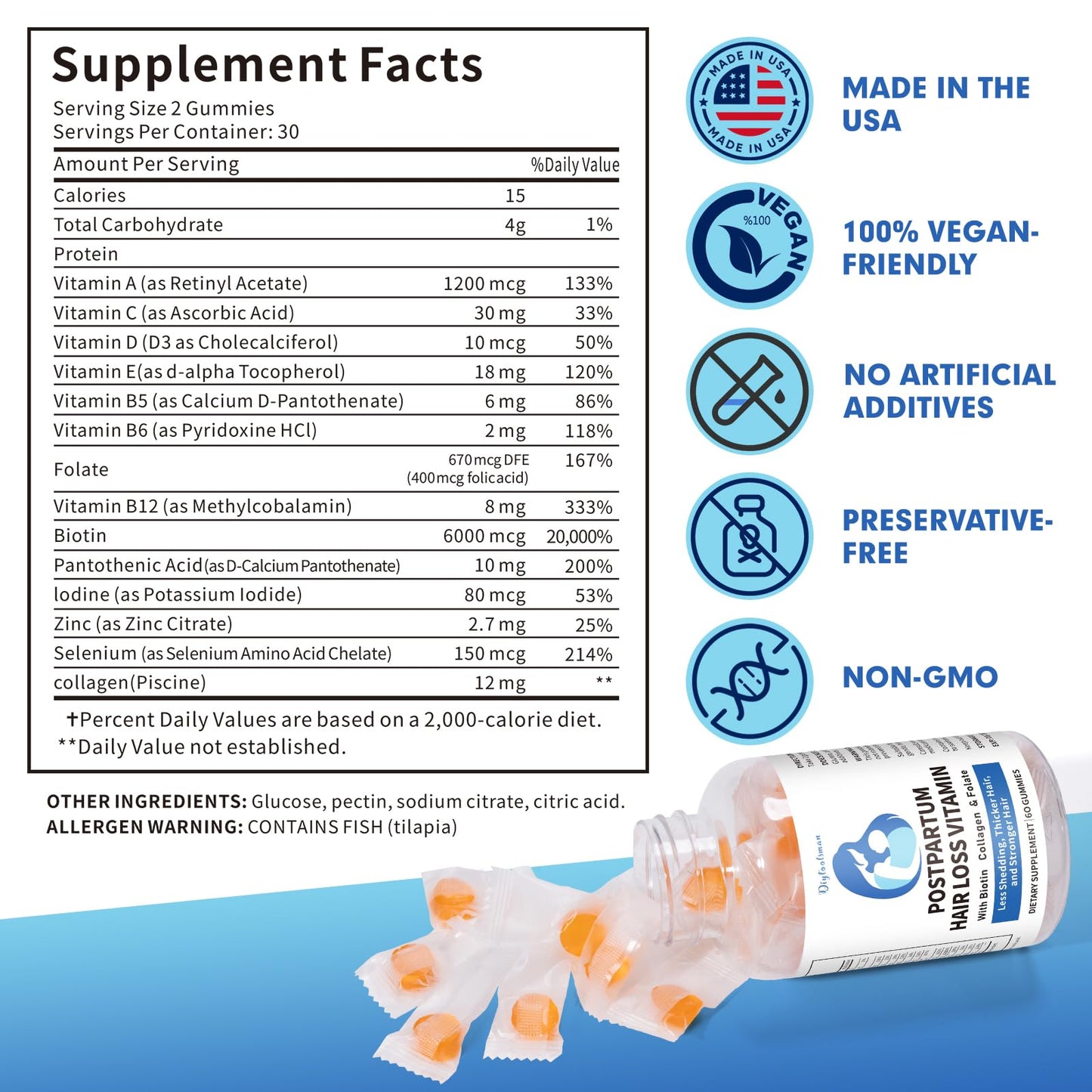 diytoolsman Postpartum Hair Loss Vitamin Gummies with Biotin, Collagen & Folate, Vegan, 60 Gummies
