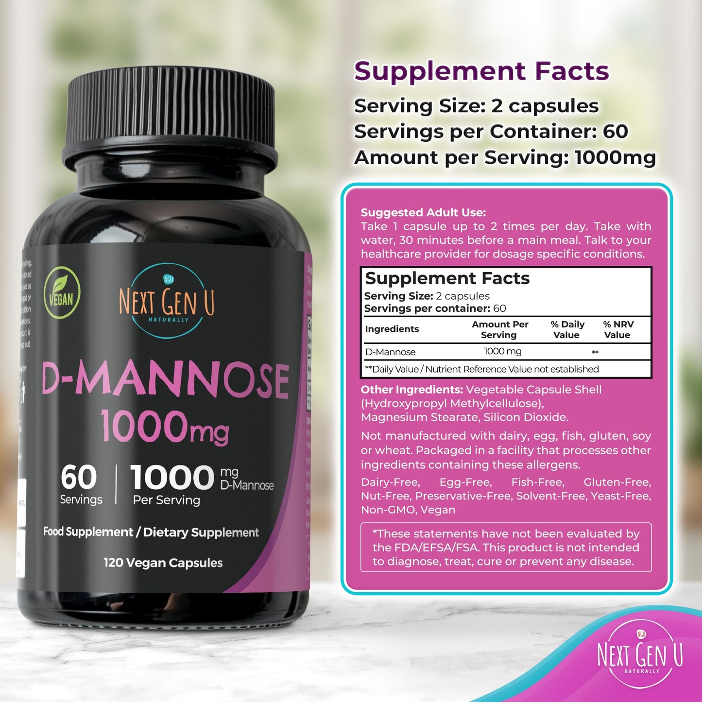 NGU Next Gen U D-Mannose 1000 mg Capsule 120 Count