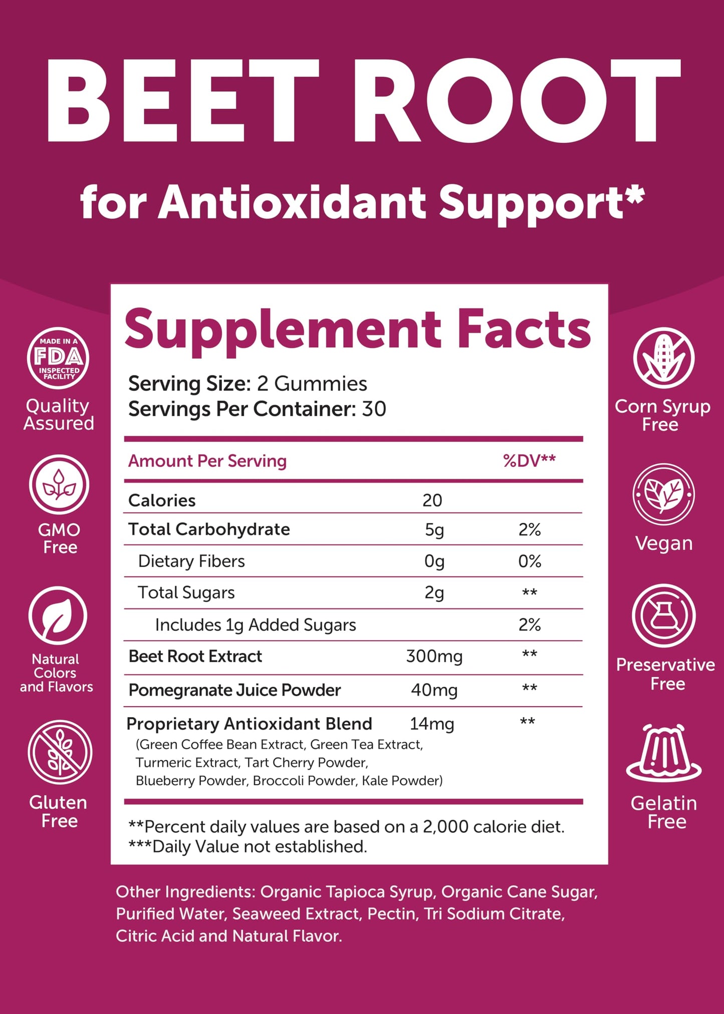 Lunakai USA Made Beet Root Gummies with 7-Antioxidant Blend, Non-GMO Vegan, 60 Count