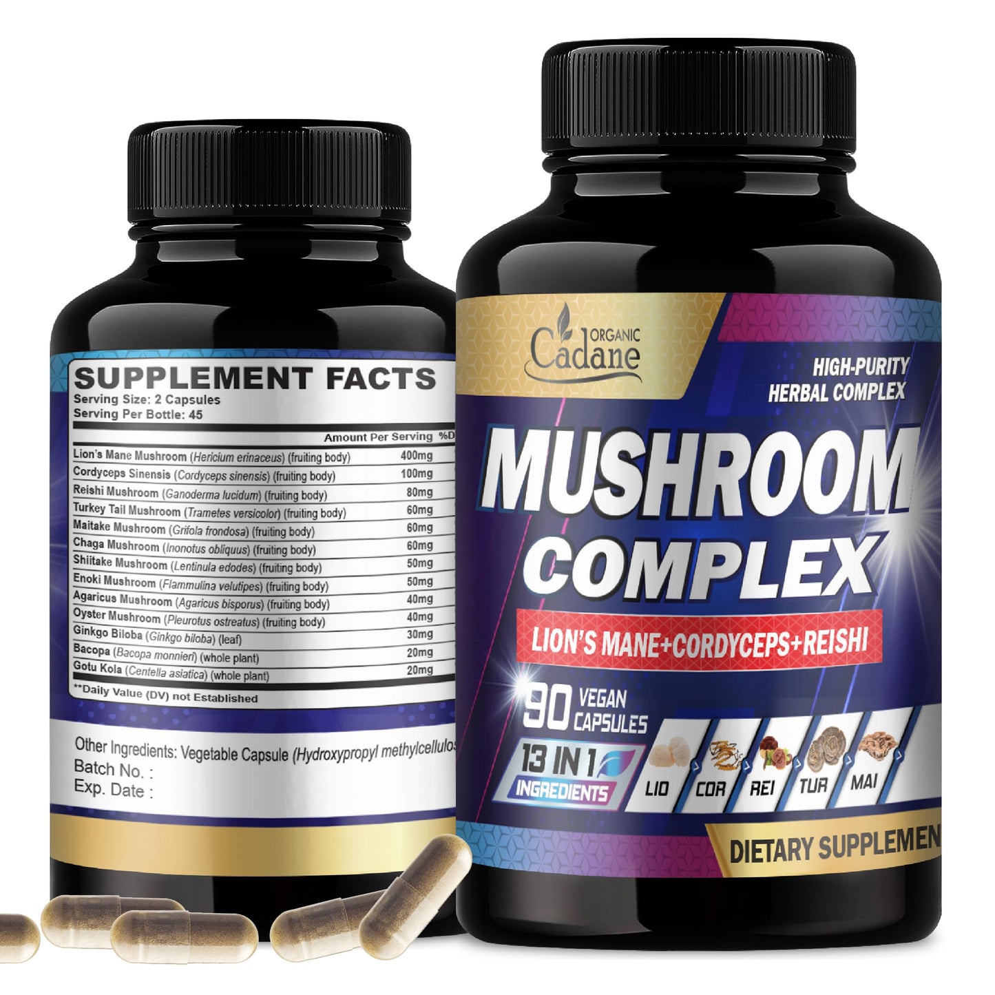 Organic Cadane Mushroom Complex Supplements - 13in1 with Lions Mane Mushroom, Bacopa, Reishi & More - 90 Capsules