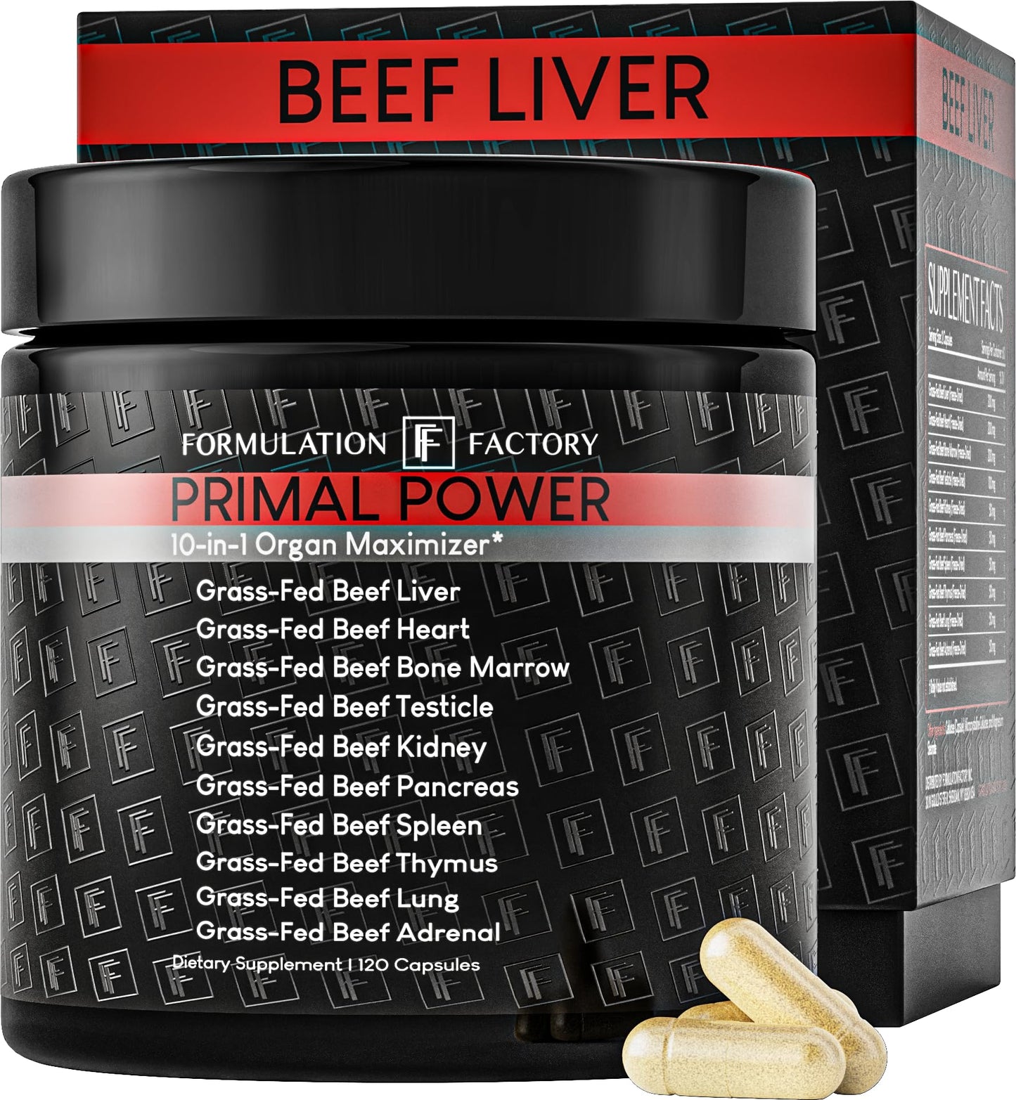 Formulation Factory Primal Power 10-in-1 Grass-Fed Beef Organ Complex with Liver, Heart, Bone Marrow, Orchic, Kidney, Spleen, Pancreas, Adrenals, Thymus & Brain Capsules 120