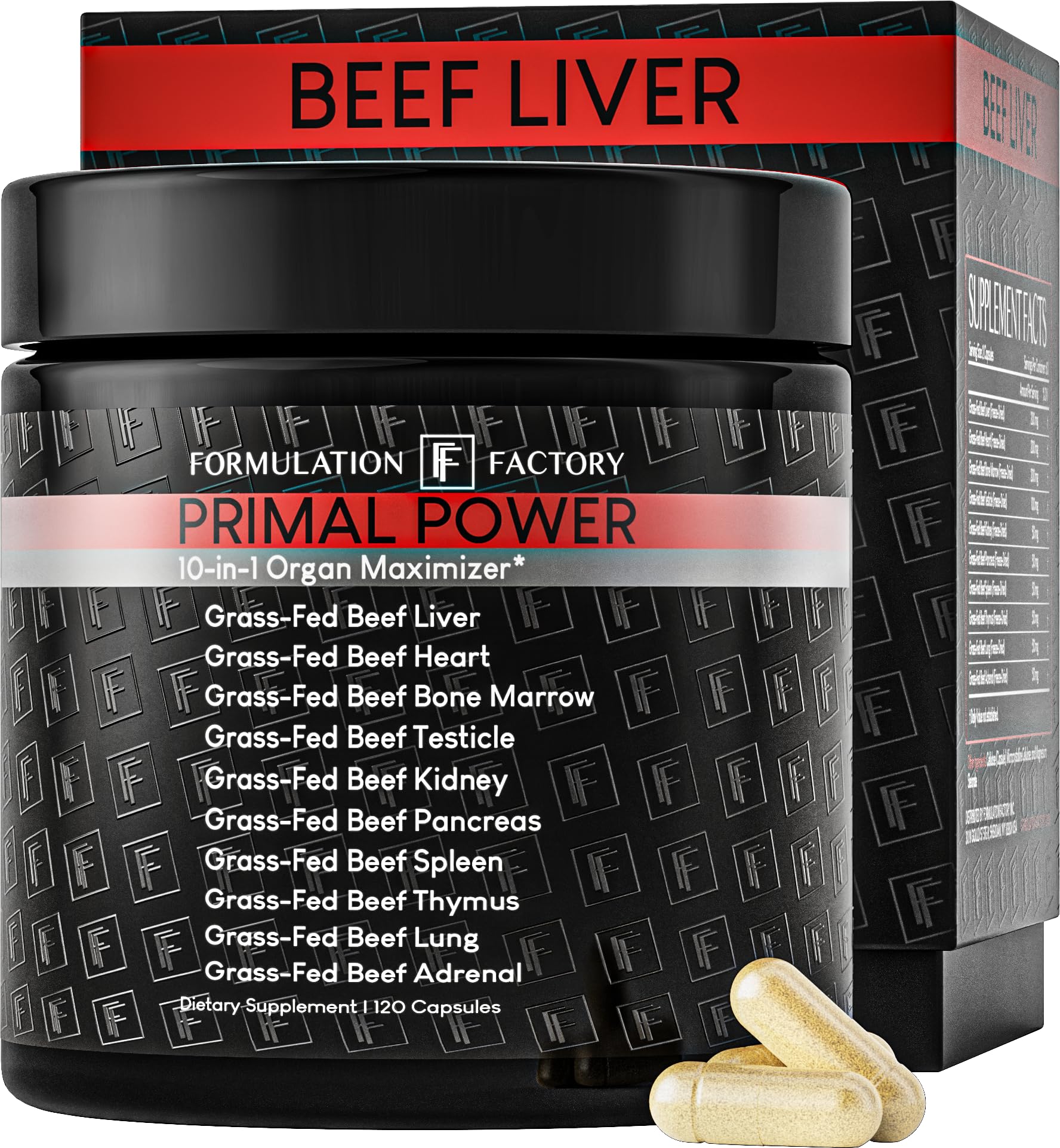 Formulation Factory Primal Power 10-in-1 Grass-Fed Beef Organ Complex with Liver, Heart, Bone Marrow, Orchic, Kidney, Spleen, Pancreas, Adrenals, Thymus & Brain Capsules 120