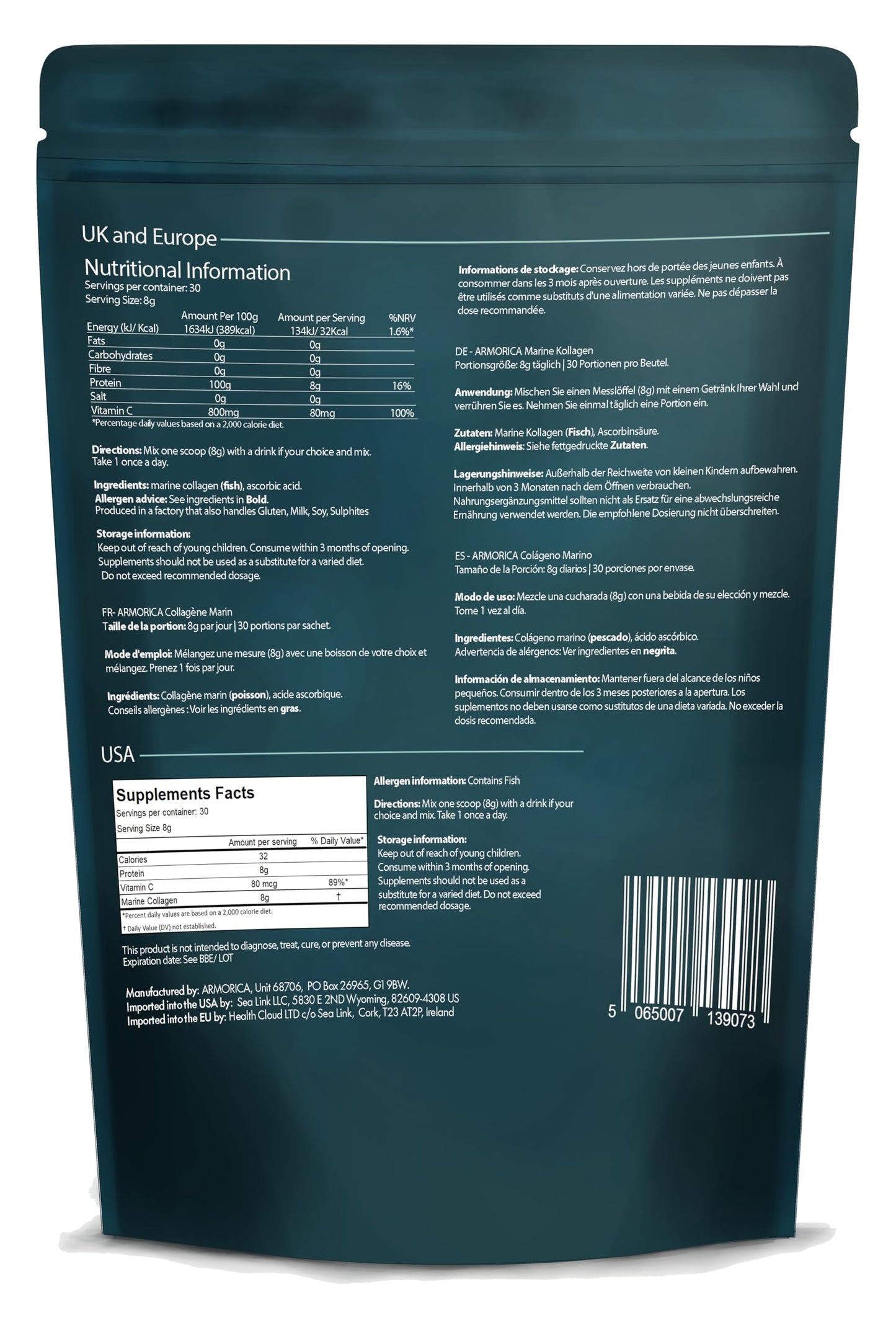 ARMORICA Marine Collagen Powder with Vitamin C – Hydrolyzed for Optimal Absorption, 240g