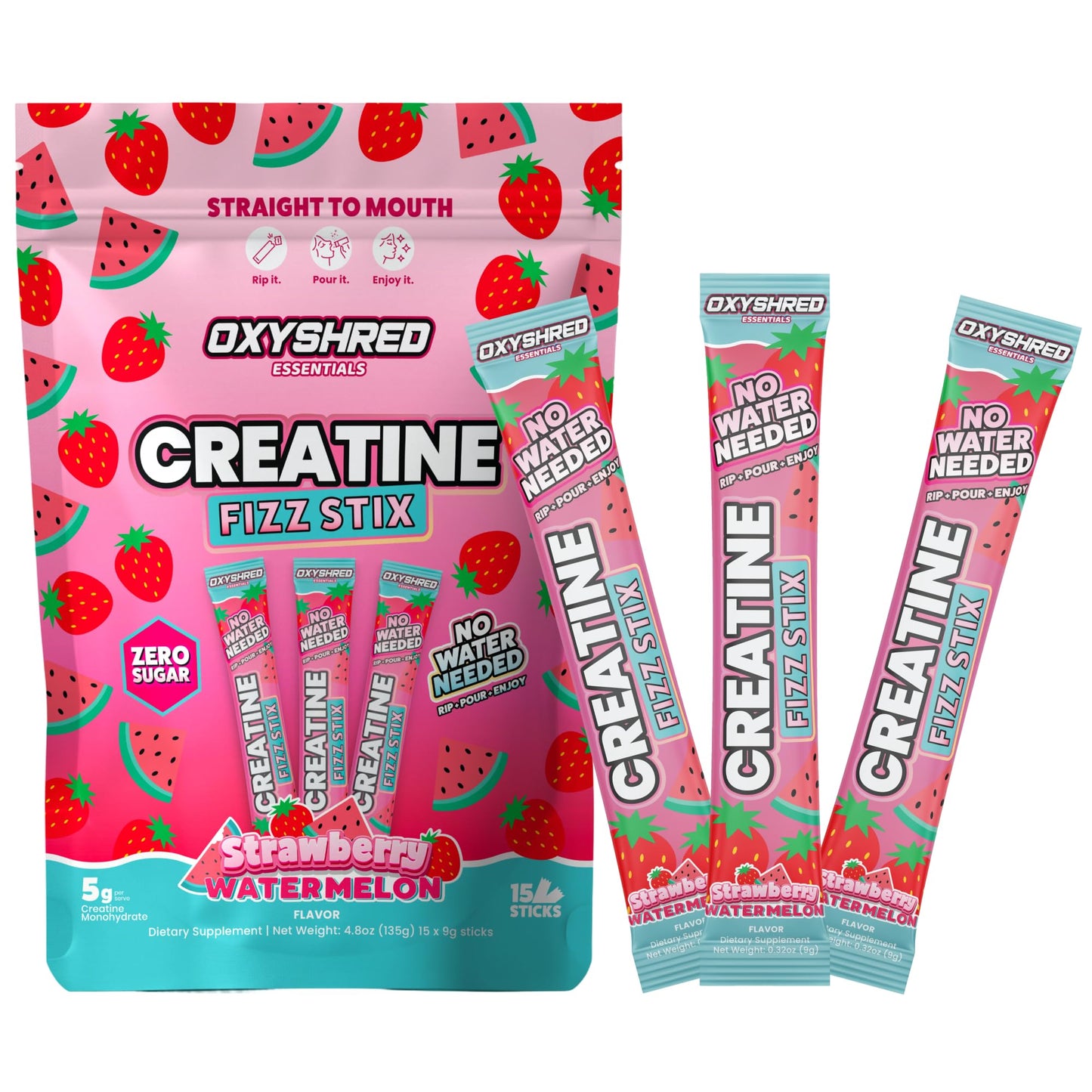 EHP Labs OxyShred Creatine Fizz Sticks Strawberry Watermelon Powder, Pack of 15