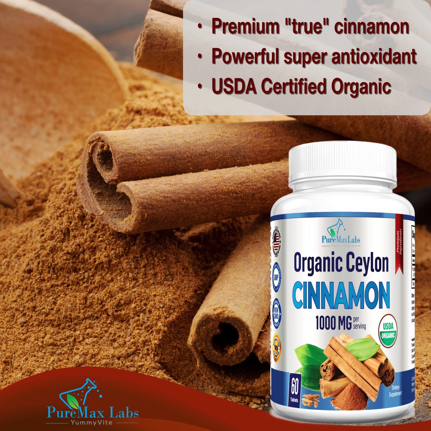 YUMMYVITE Organic Ceylon Cinnamon 1000mg per Serving Tablet, 60 Tablets