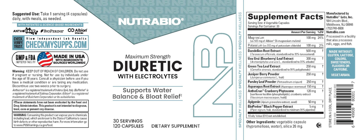 NutraBio Diuretic with Electrolytes - Maximum Strength Water Retention Pills and Bloat Relief Support for Women and Men, Weight Loss Support, Diuretic Water Pills Supplements - 120 Capsules