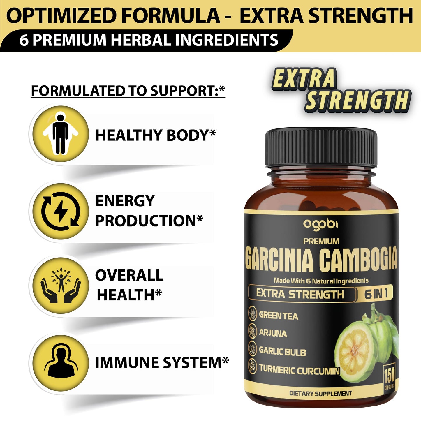 agobi Garcinia Cambogia Capsules with Green Tea, Arjuna, Garlic, Turmeric & Black Pepper – Body Health & Immune Support, 150 Capsules