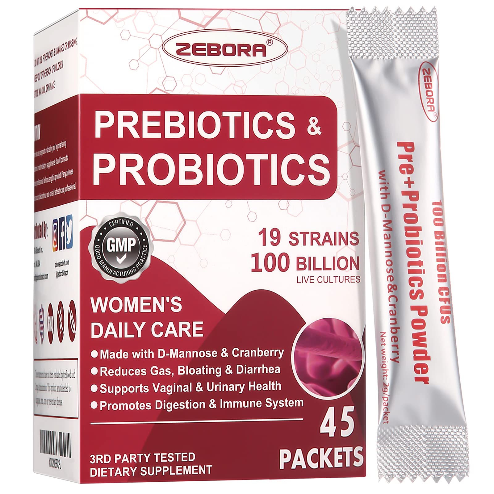 ZEBORA Probiotics for Women 100 Billion CFUs with Prebiotics, D-Mannose & Cranberry for Digestive, Immune, Feminine UT Health Support, Ultimate Probiotic Women's Care, Soy & Gluten Free, Powder 3.17 oz