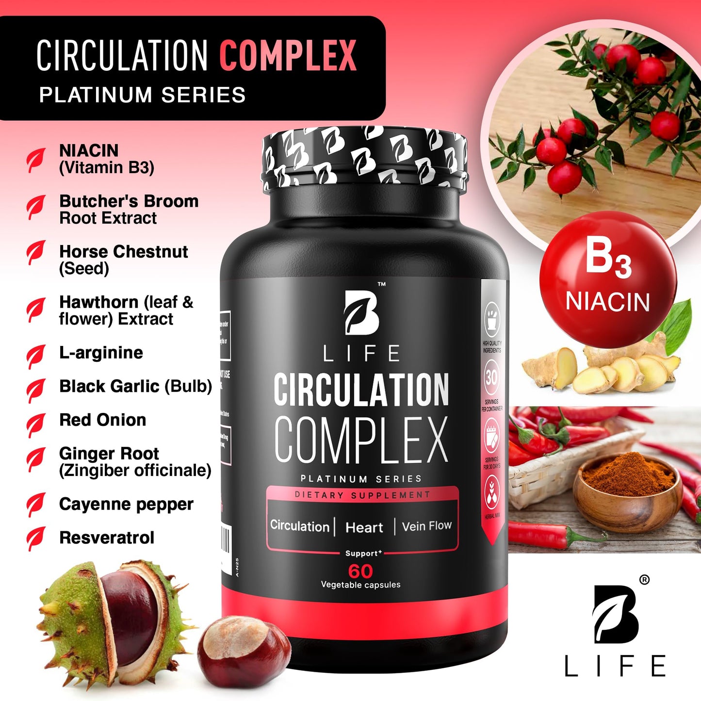 B Life Company Circulation Support for Vein & Artery Health, 60 Capsules