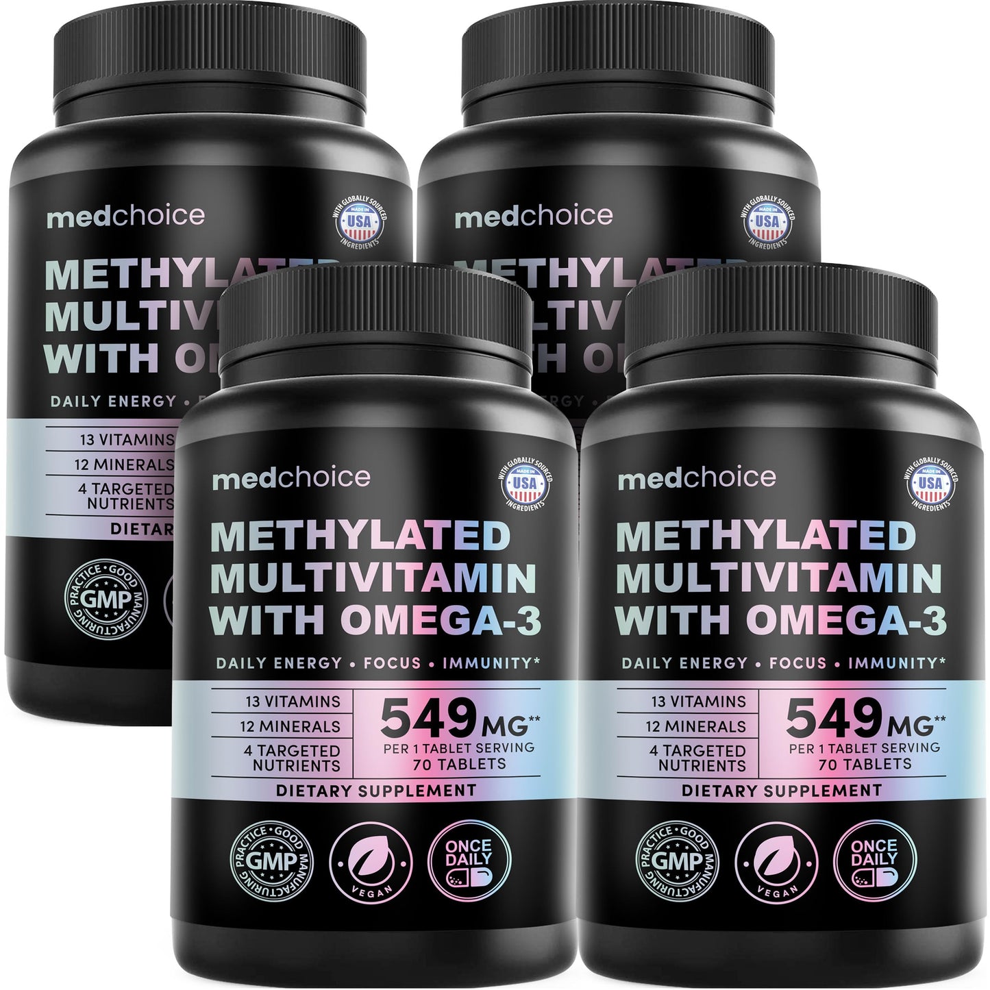 MEDCHOICE Complete 29-in-1 Methylated Multivitamin for Men & Women with Omega-3, Once Daily, 13 Vitamins, 12 Minerals, 4 Targeted Nutrients, Active B12, 5-MTHF Folate, P5P B6, Vegan 280 Tablets