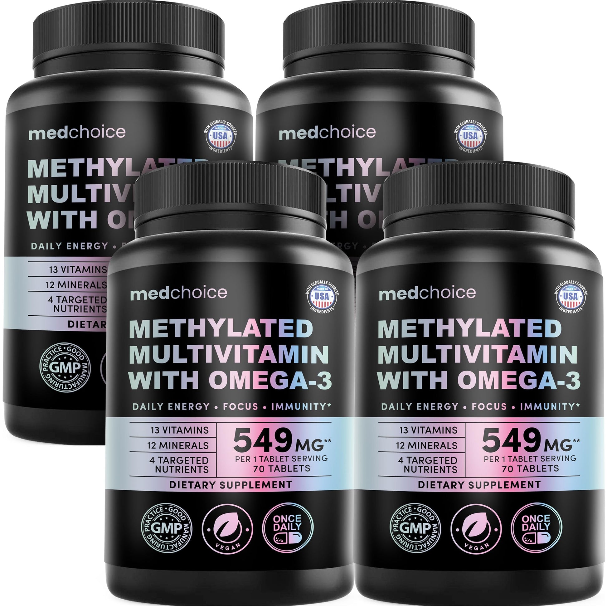 MEDCHOICE Complete 29-in-1 Methylated Multivitamin for Men & Women with Omega-3, Once Daily, 13 Vitamins, 12 Minerals, 4 Targeted Nutrients, Active B12, 5-MTHF Folate, P5P B6, Vegan 280 Tablets
