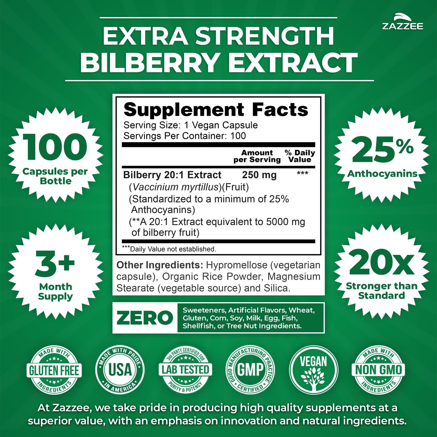 Zazzee Extra Strength Bilberry 20:1 Extract, 25% Anthocyanins, 100 Vegan Capsules