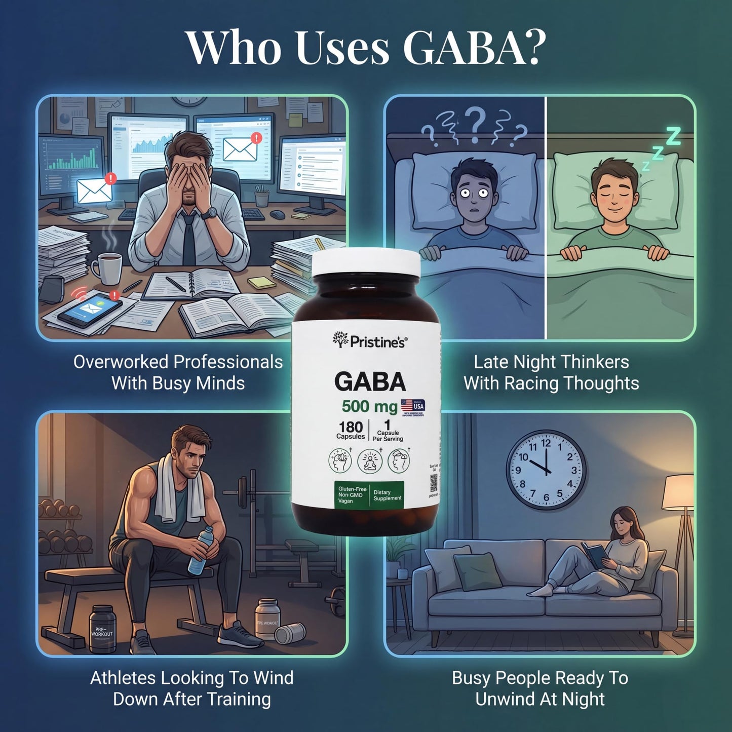 PRISTINE'S GABA 500mg Sleep Quality Support Supplement, 180 Capsules