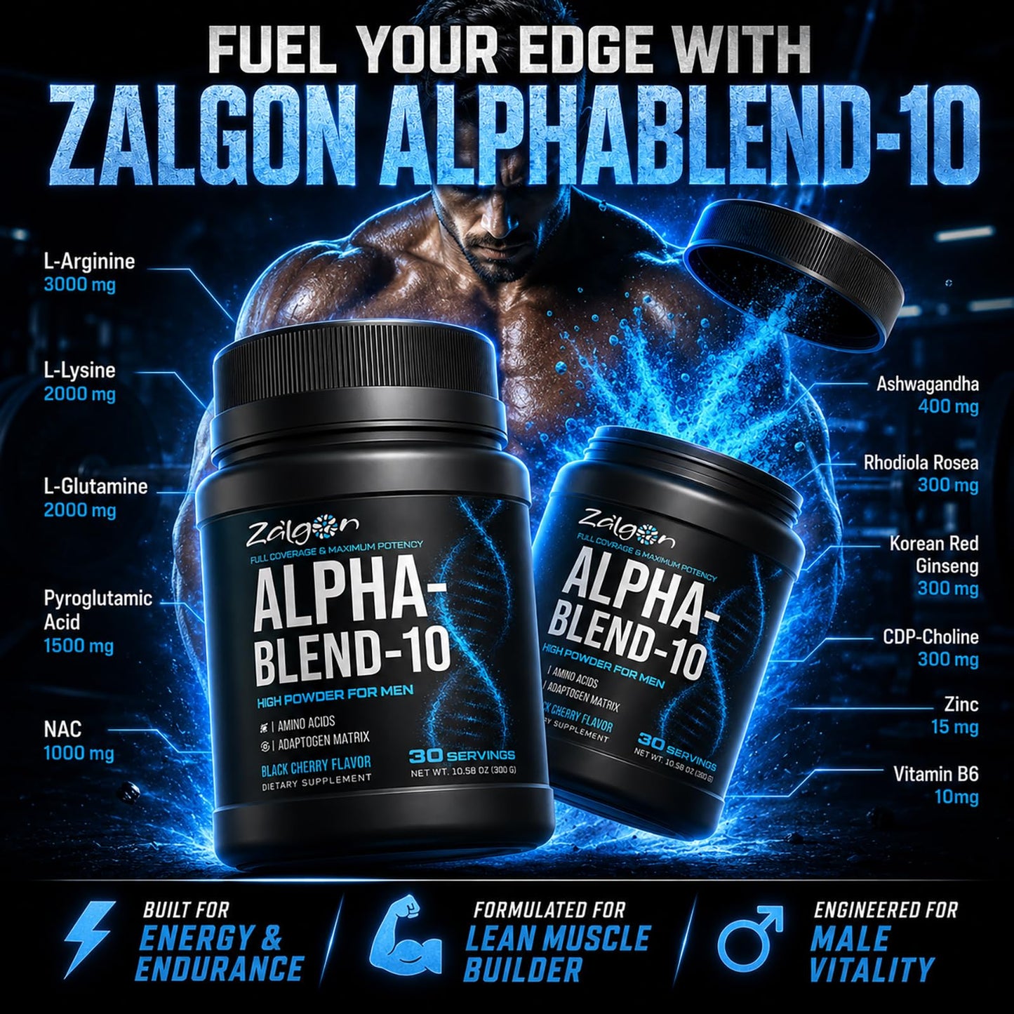 Zalgon HGH Supplements for Men, Testosterone Booster, Belly Fat Burner & Muscle Builder Powder, Black Cherry Flavor, 300 g (30 Servings)