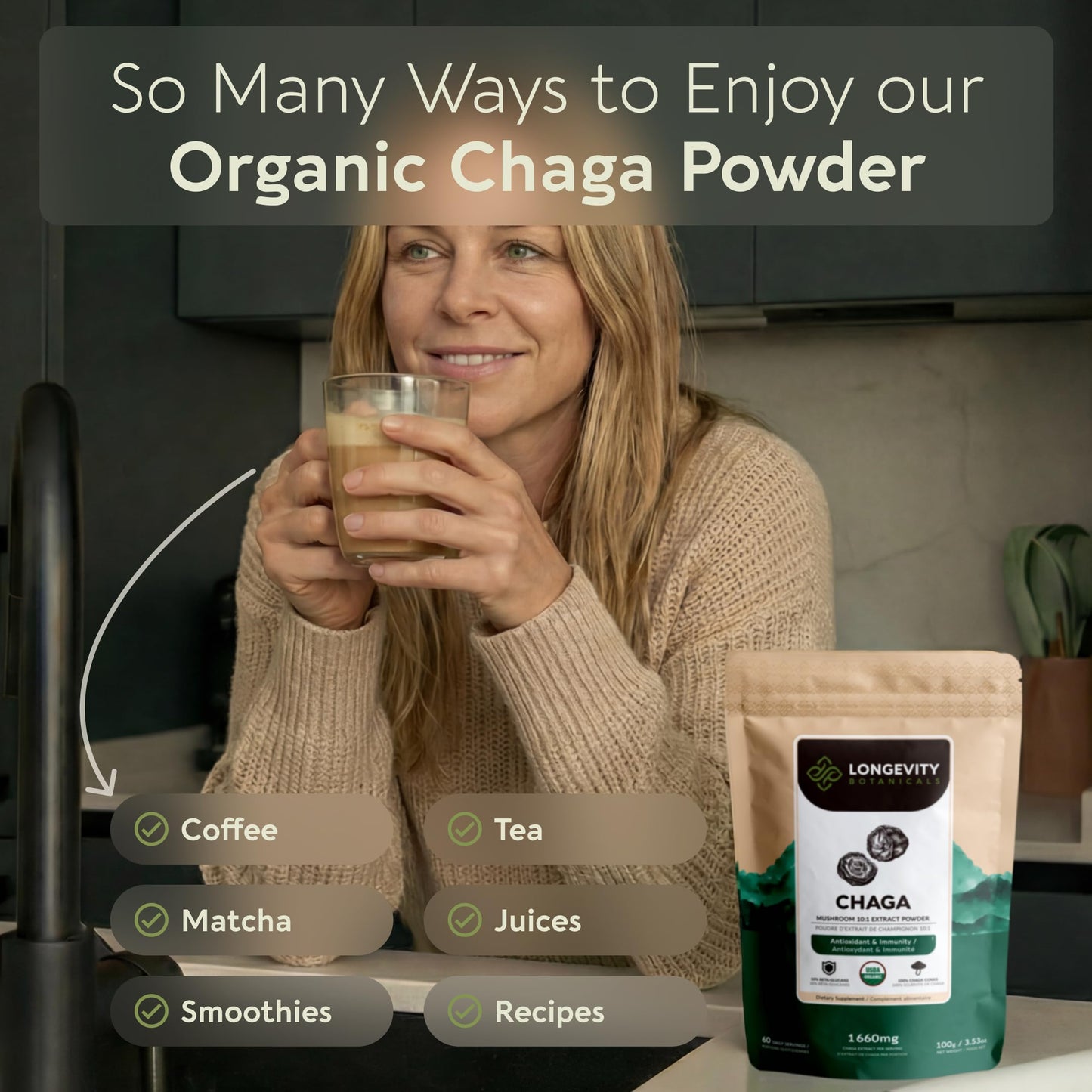 Longevity Botanicals Organic Chaga Mushroom Powder Supplement Extract 3.53 Ounce