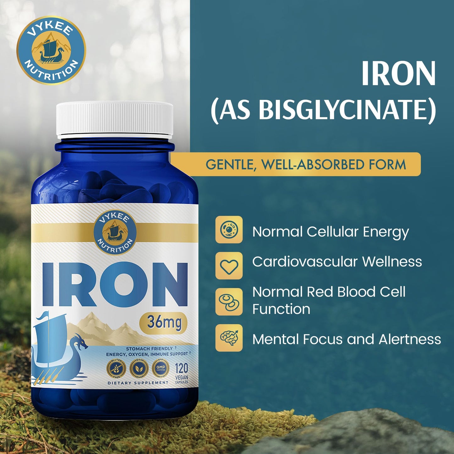 Vykee Nutrition Iron Bisglycinate 36 mg Capsule, 120 Capsules