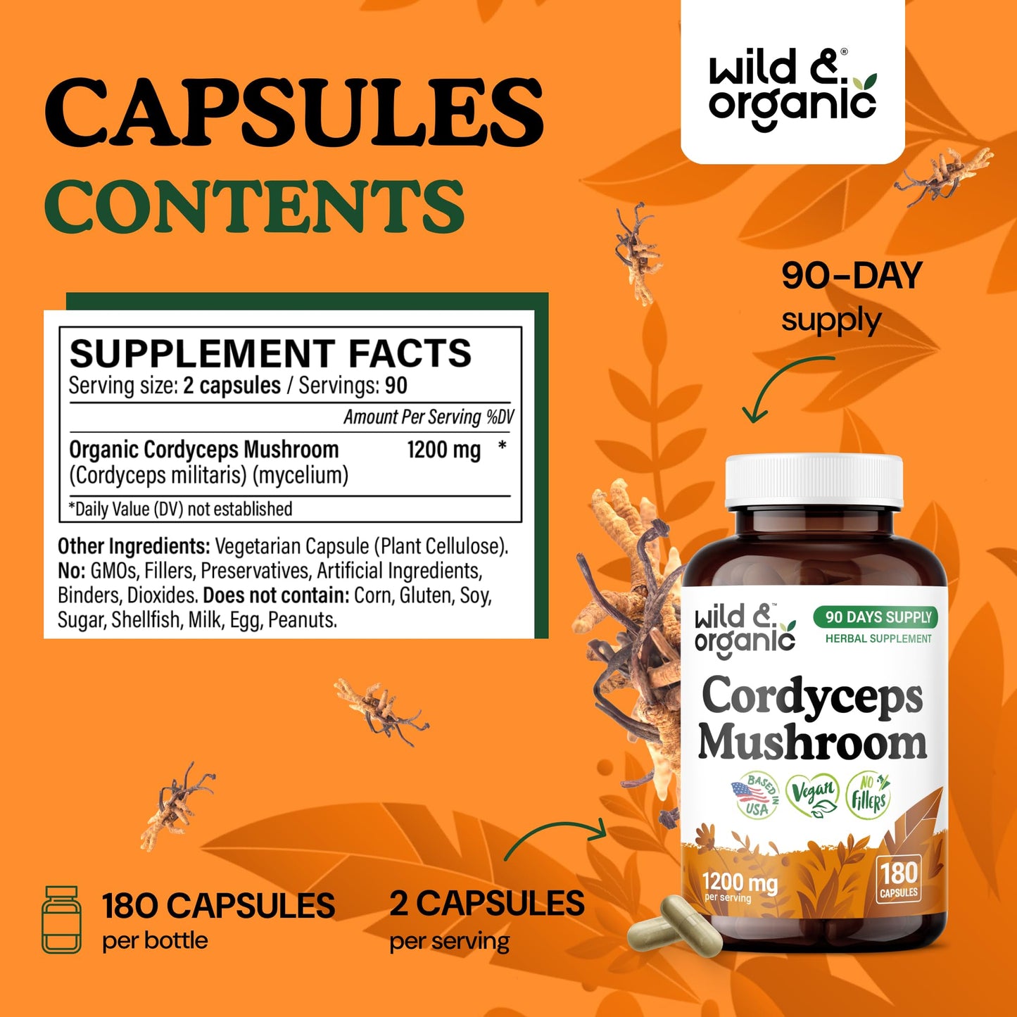 Wild & Organic Cordyceps Capsules 1200 mg, Immune Support, Cordyceps Mushroom Powder Supplement, Pure Mycelium Extract, Vegan, No Fillers, Non-GMO, 180 Capsules
